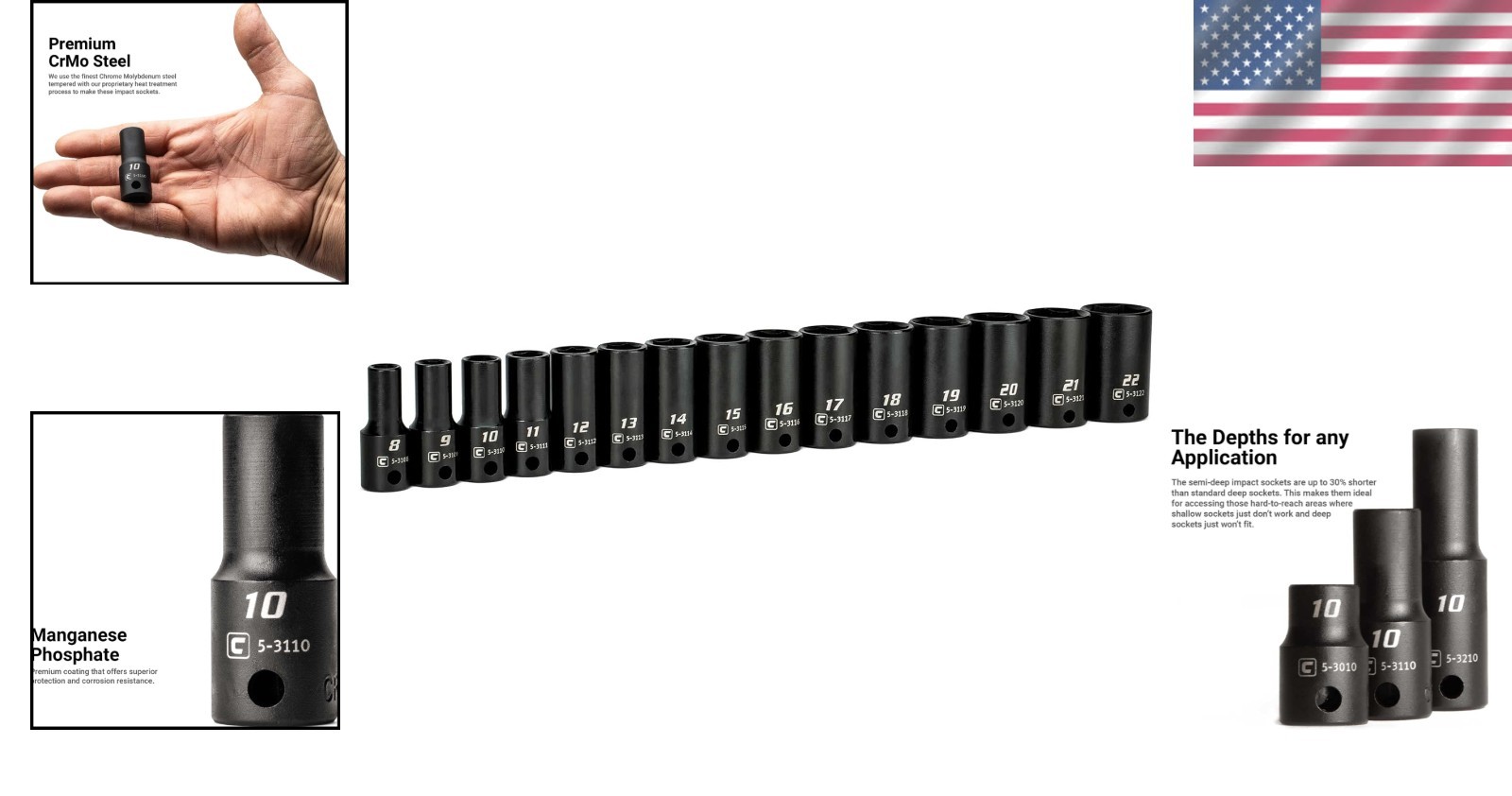 3/8 in. Drive Semi-Deep Impact Sockets Set, Metric, 8 to 22 mm, 15-Piece