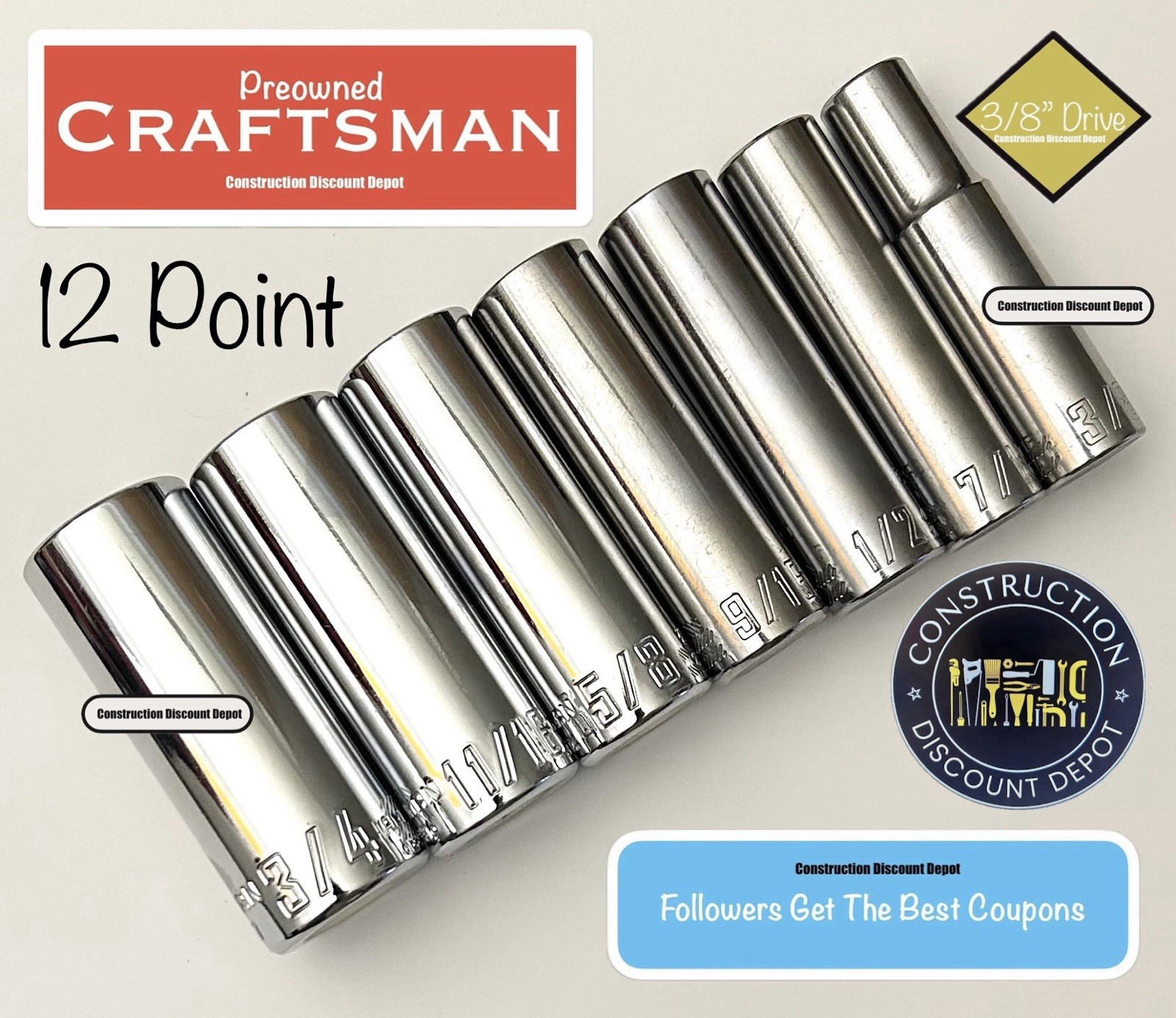 Preowned Craftsman 7 Piece 3/8″ In Drive 12 Point SAE Socket Deep Set USED