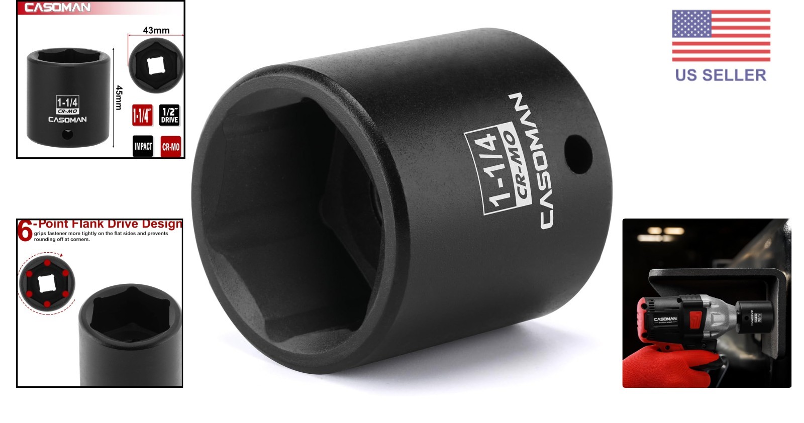 Heavy-Duty 1/2-Inch Drive Impact Socket, 1-1/4-Inch Size, Black Phosphate Finish
