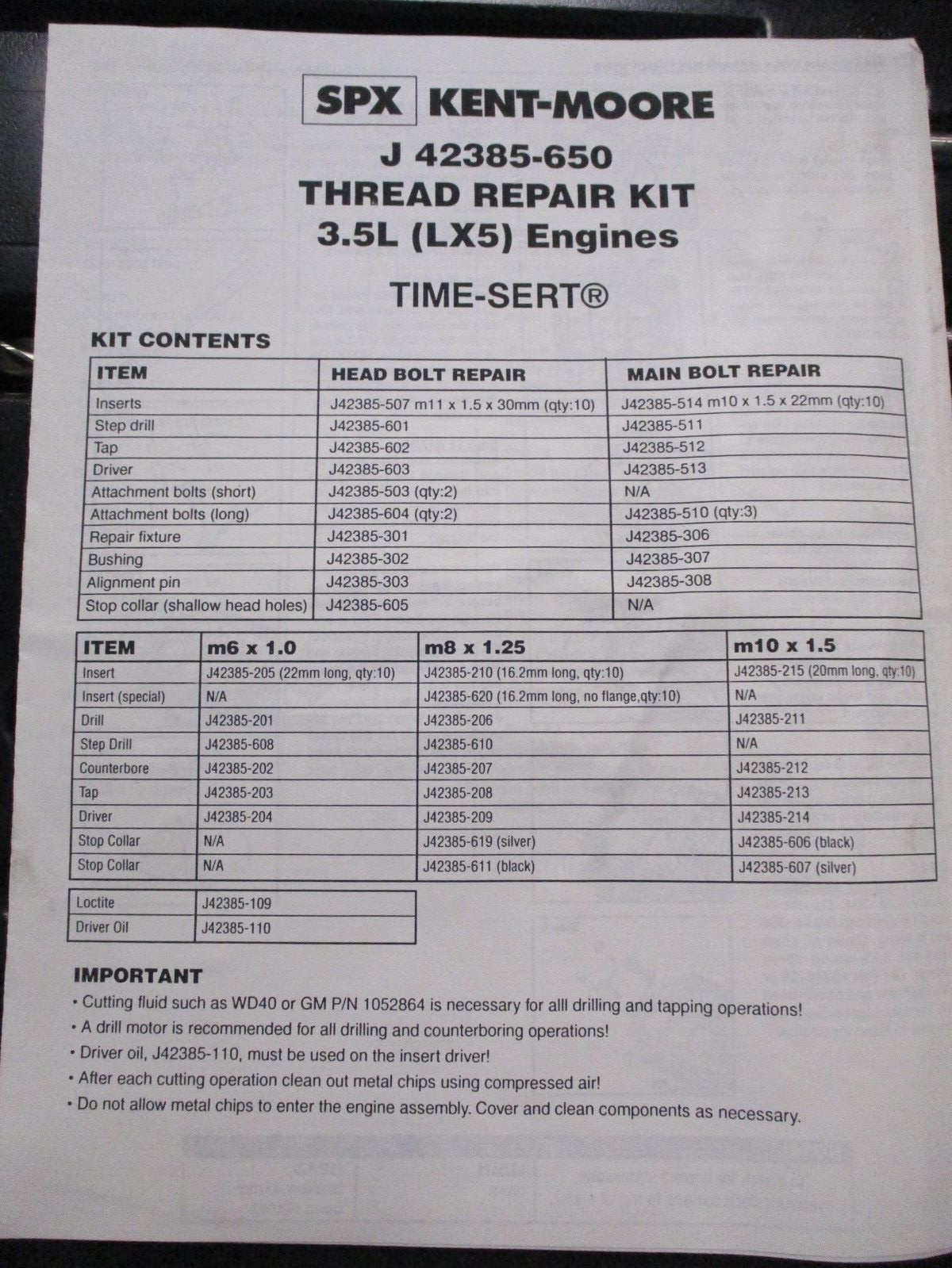 KENT MOORE J-42385-650 TIME-SERT THREAD REPAIR KIT 3.5L LX5 ENGINES (INCOMPLETE)