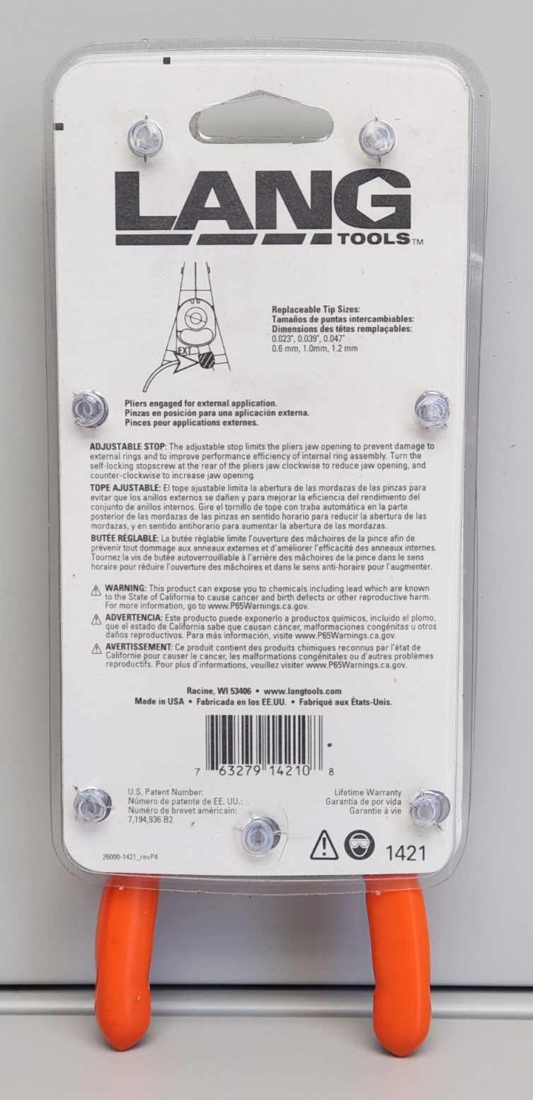 Lang Tools 1421 Internal/External Snap Retaining Ring Pliers and Tip Kit, New