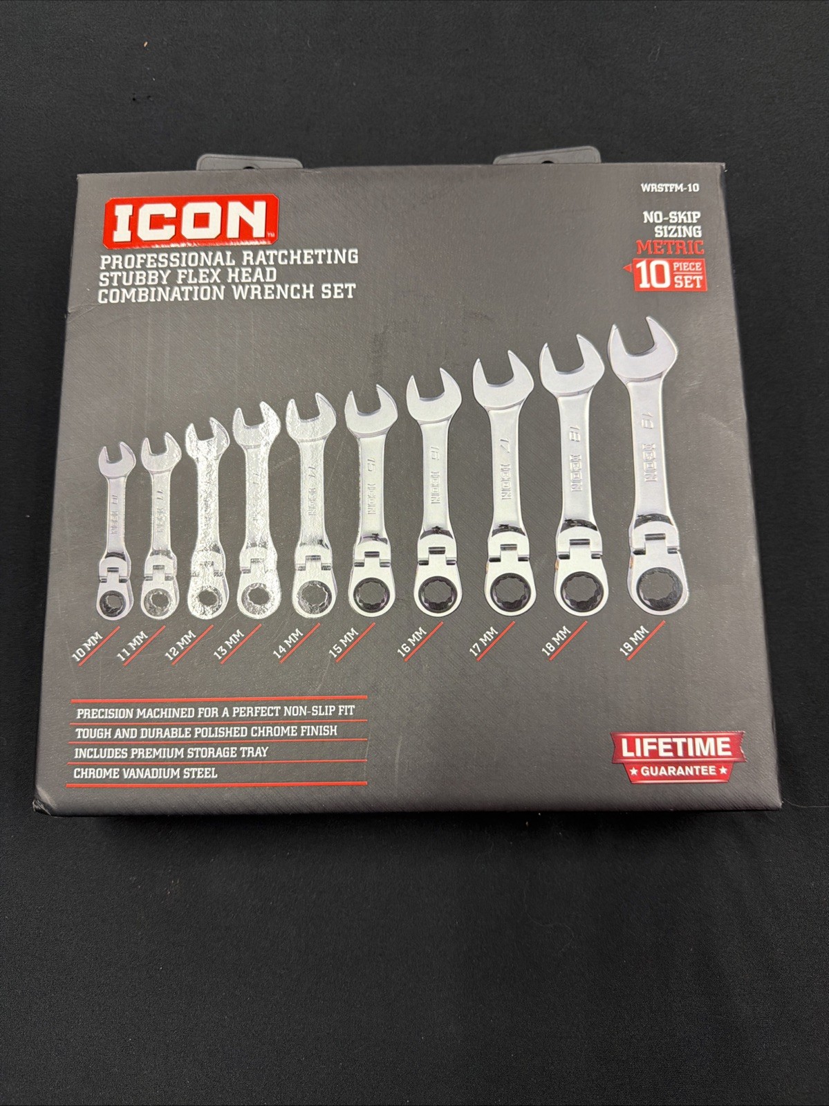 ICON WRSTFM-10 10 Piece Ratcheting Stubby Flex Head Wrench Set Metric 10-19mm
