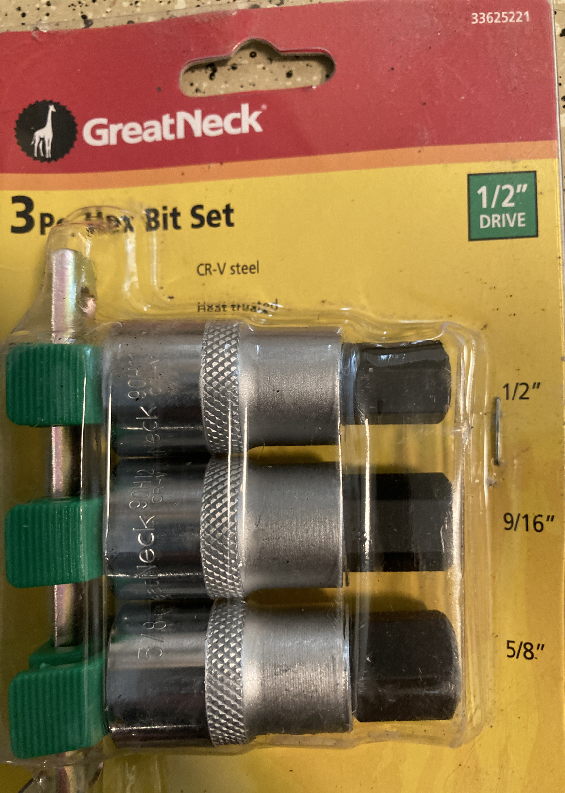 NEW NIP GreatNeck 3-Pc 1/2″ Drive, Hex Bit Set, SAE-Taiwan 1/2″-5/8″