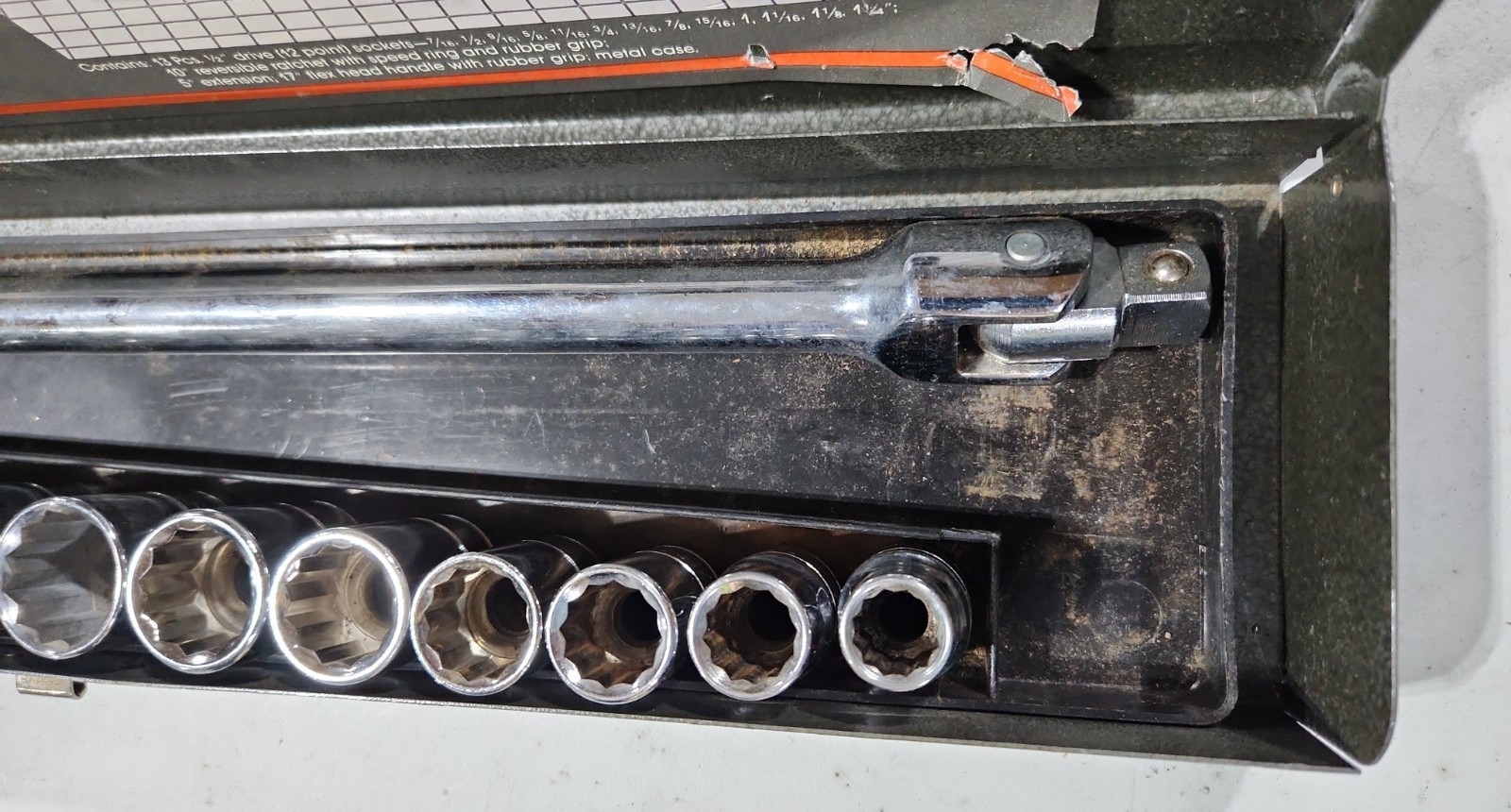 Allied 1/2″ Dr. Socket Set SAE 12 Pt 14 Pieces Only #67-1217S Metal Box Vintage