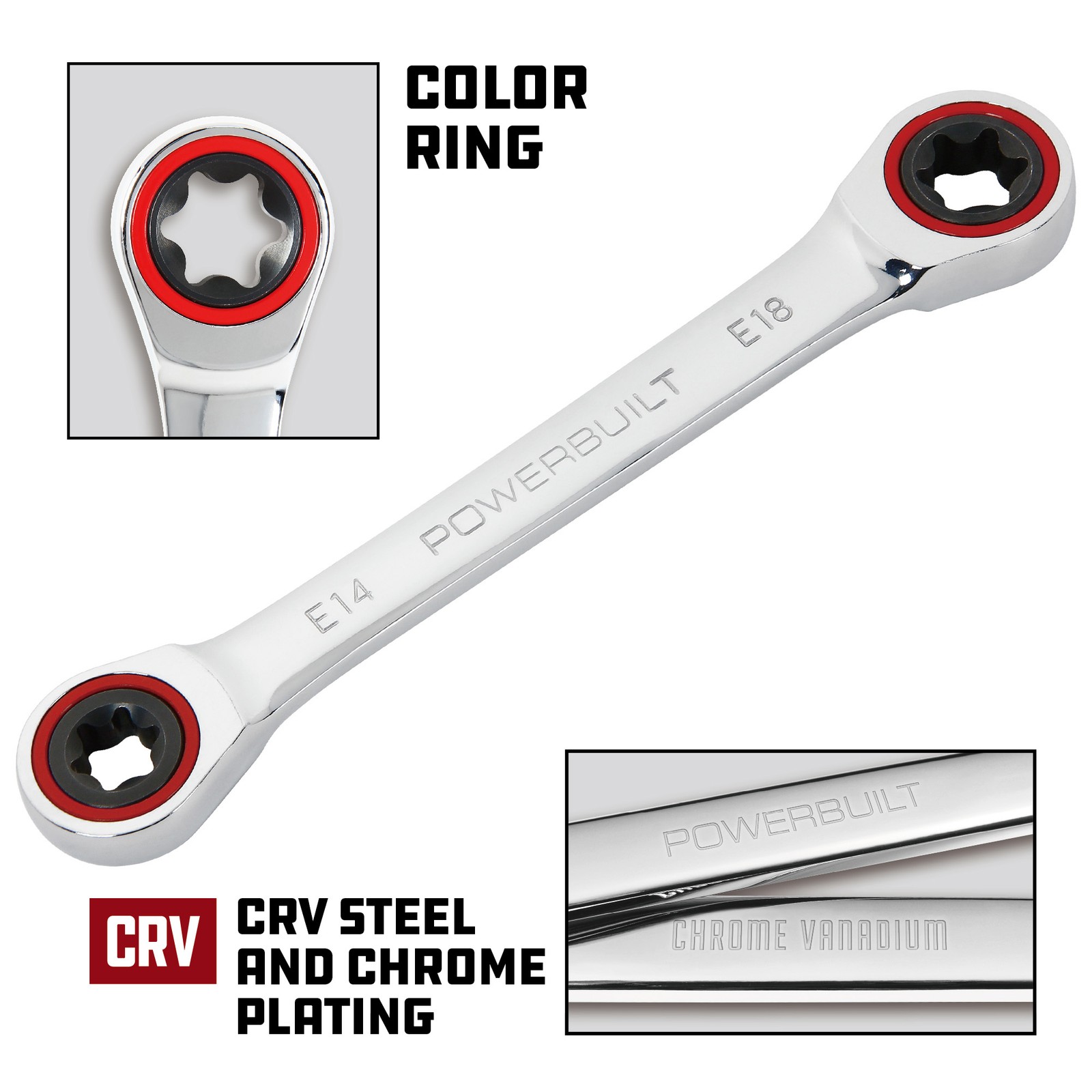 Powerbuilt Ratcheting Double Box-End E-Star Wrench – E14/E18 – 641761
