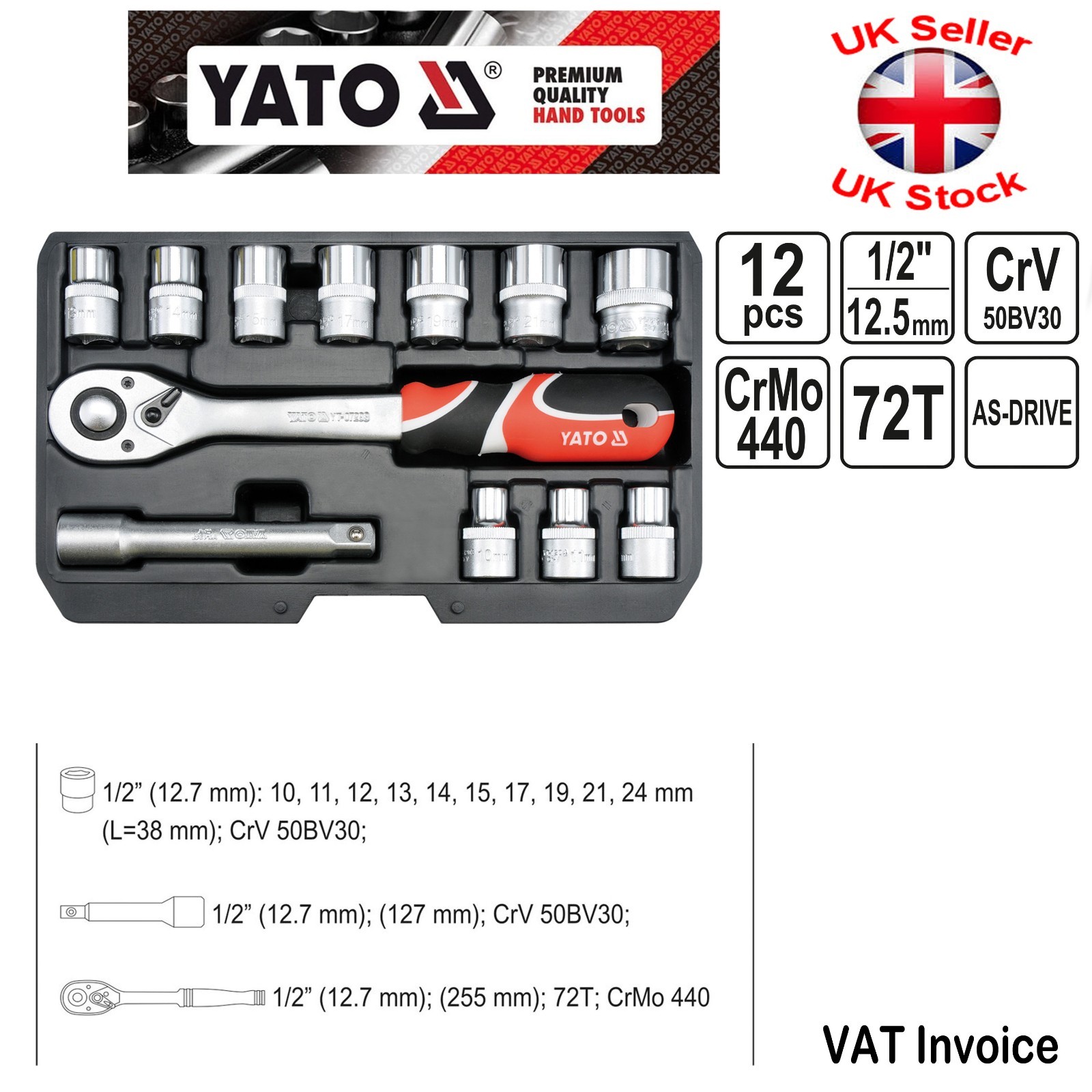 Yato Professional 12 pcs Ratchet Socket Set 1/2″ Tools Toolbox YT-38671