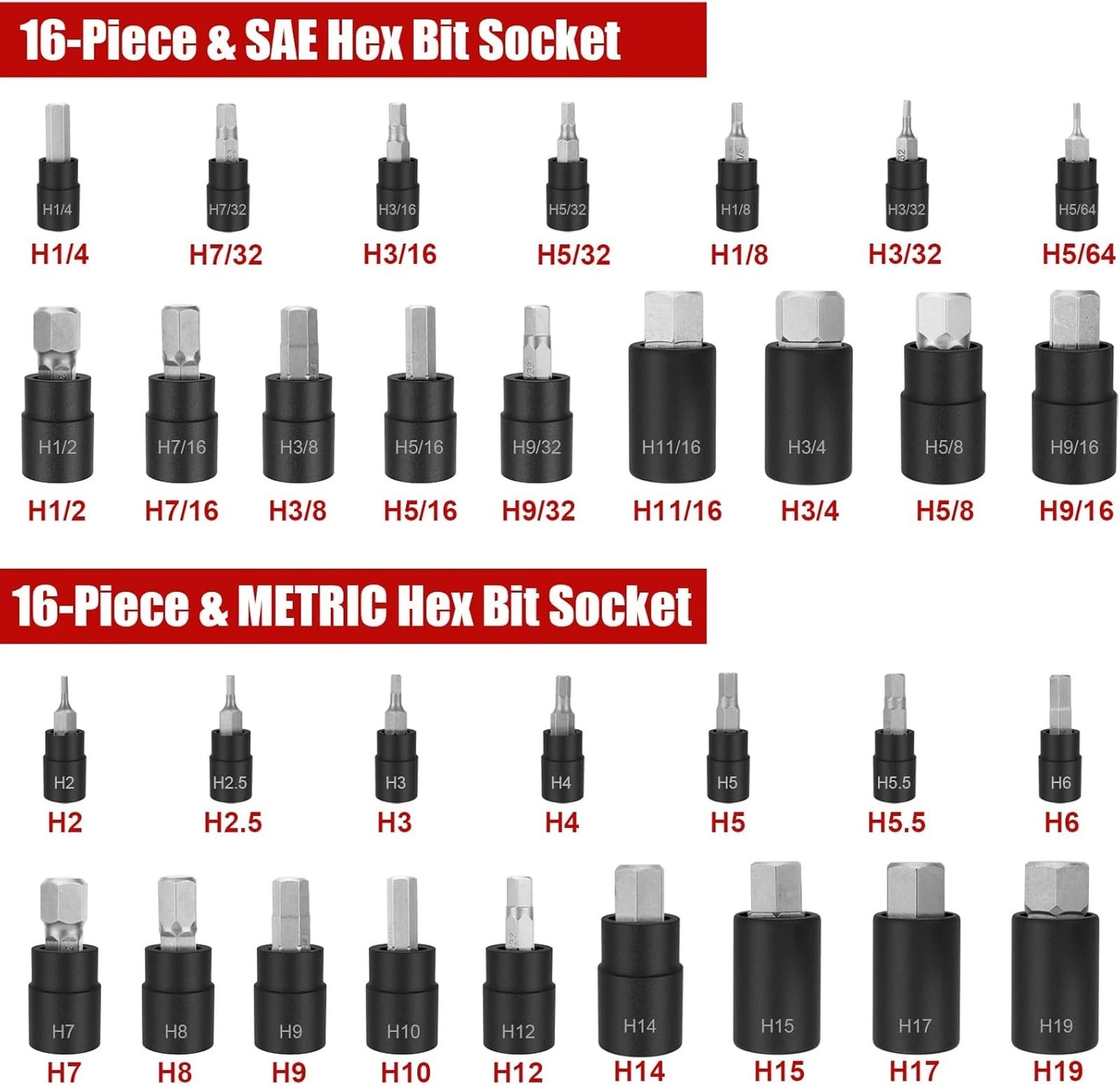 Hex Impact Bit Socket Set 32-Piece SAE Metric Allen Sockets 1/4 3/8 1/2 Drive S2