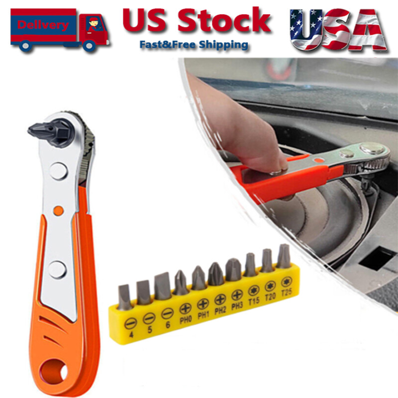 Ratcheting Right Angle Screwdriver Hex Drive 90 Degree Offset + 10pcs Bits Set