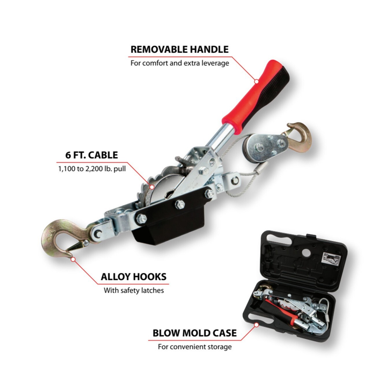 Performance Tool W4003 1 Ton Hand Power Puller with Case Portable Compact Tool