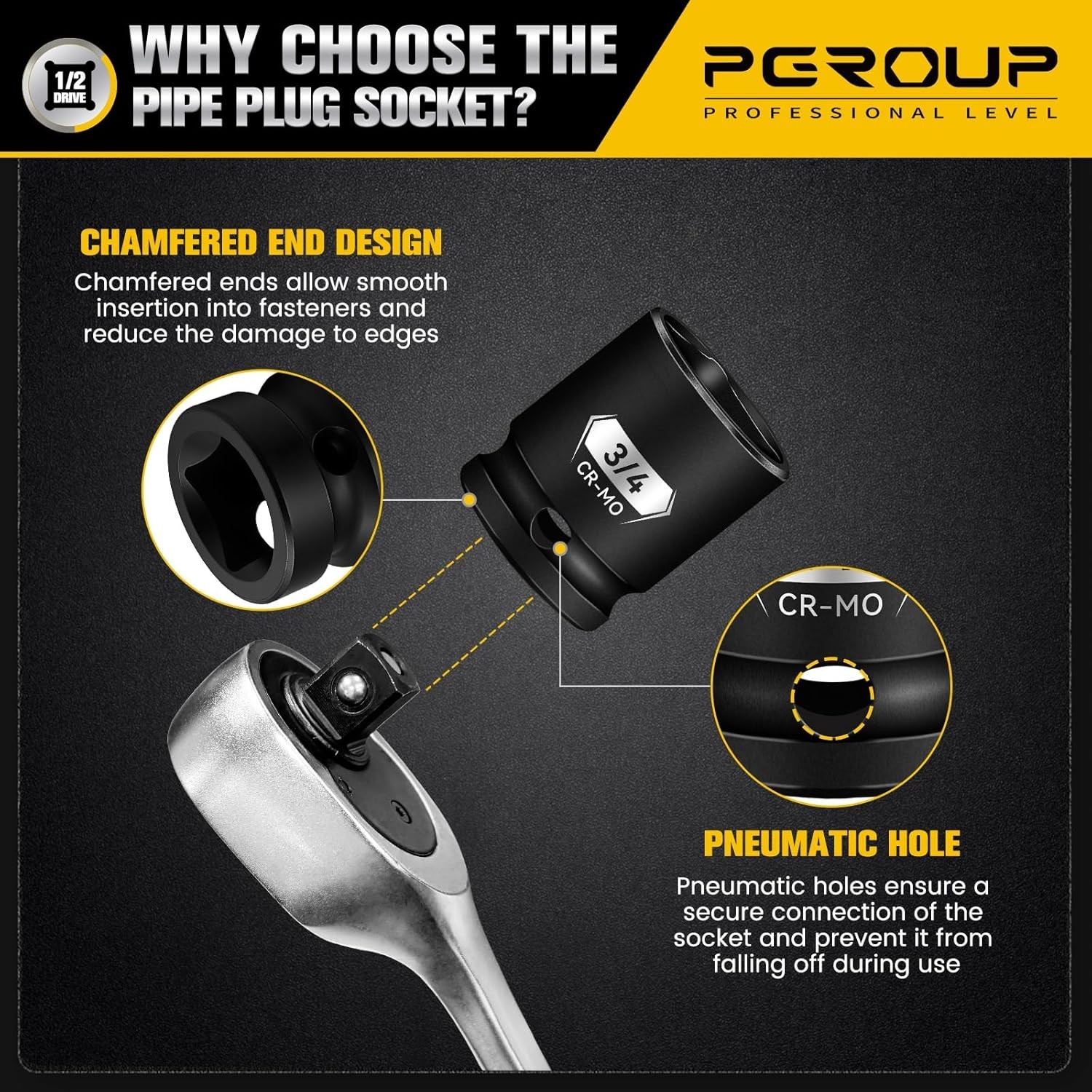 Durable 3/4 Inch Female Pipe Plug Socket 1/2 Drive with Black Phosphate Finish