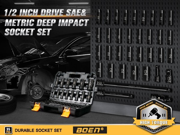 35Pcs 1/2″ Drive Deep Impact Socket Set,SAE 3/8″-1-1/4″,Metric 8-24mm,Cr-V Steel