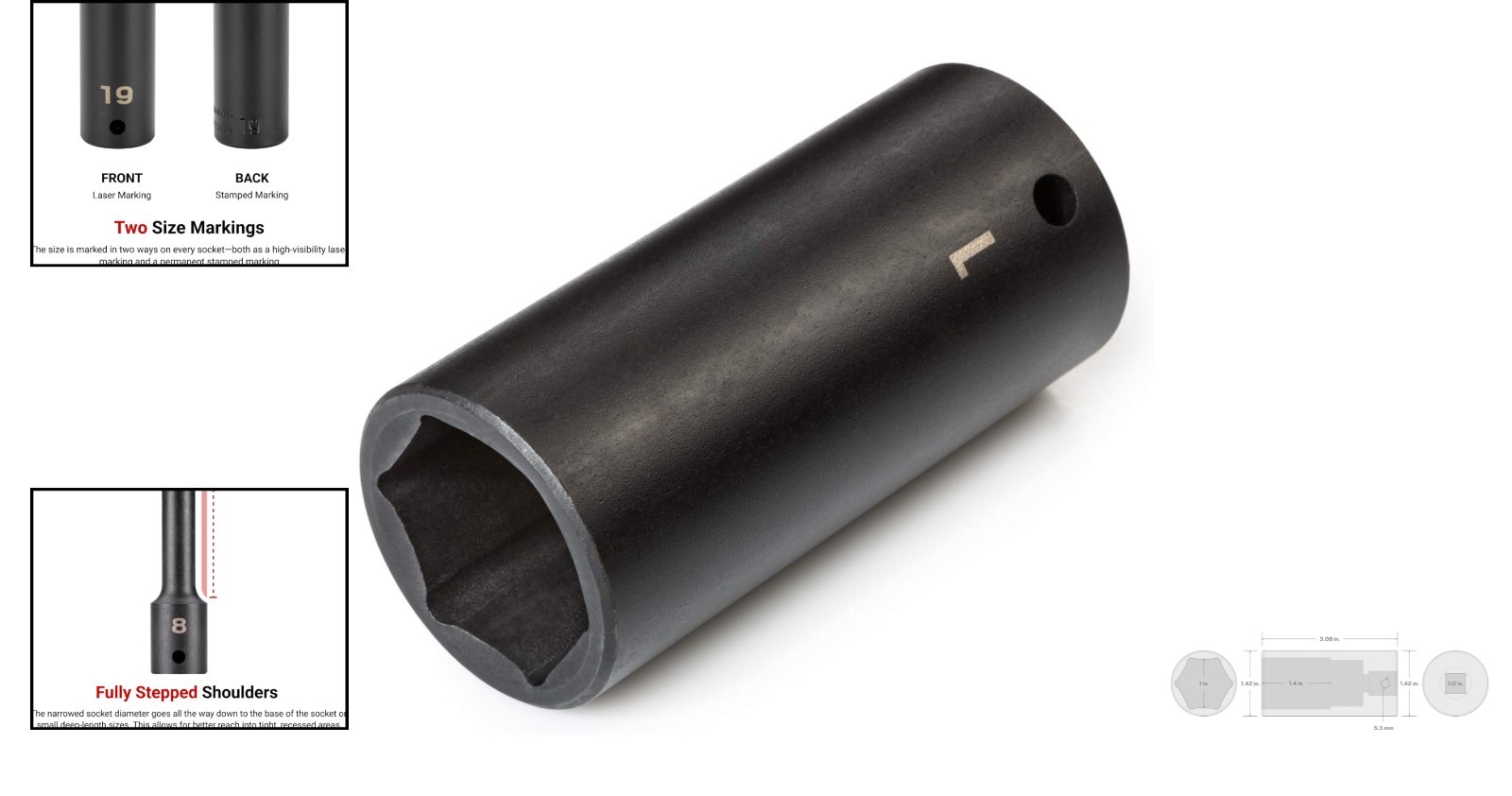 Impact Socket 1 Inch Deep 1/2 Drive 6-Point Alloy Steel Manganese Phosphate