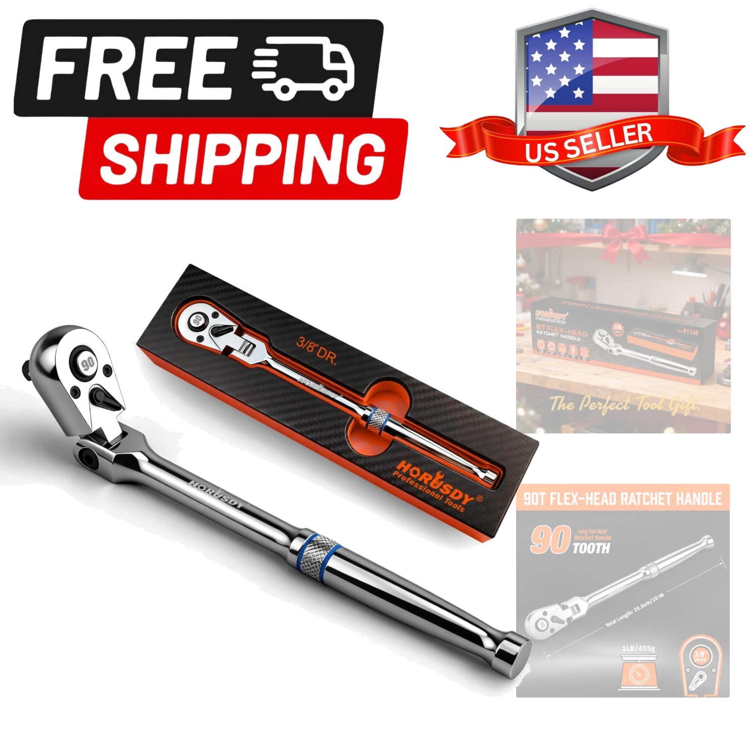 3/8″ Drive 90-Tooth Flex Head Ratchet Handle, 180° Adjustable CR-V Ratchet wi…