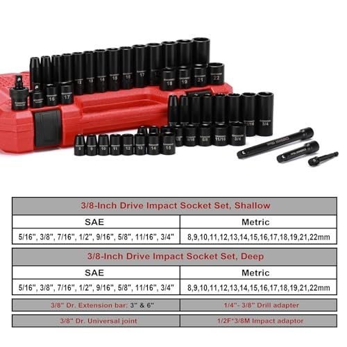 49-Piece 3/8″ Drive Impact Socket Set – SAE & Metric, 6 Point, Cr-V Steel, Durab