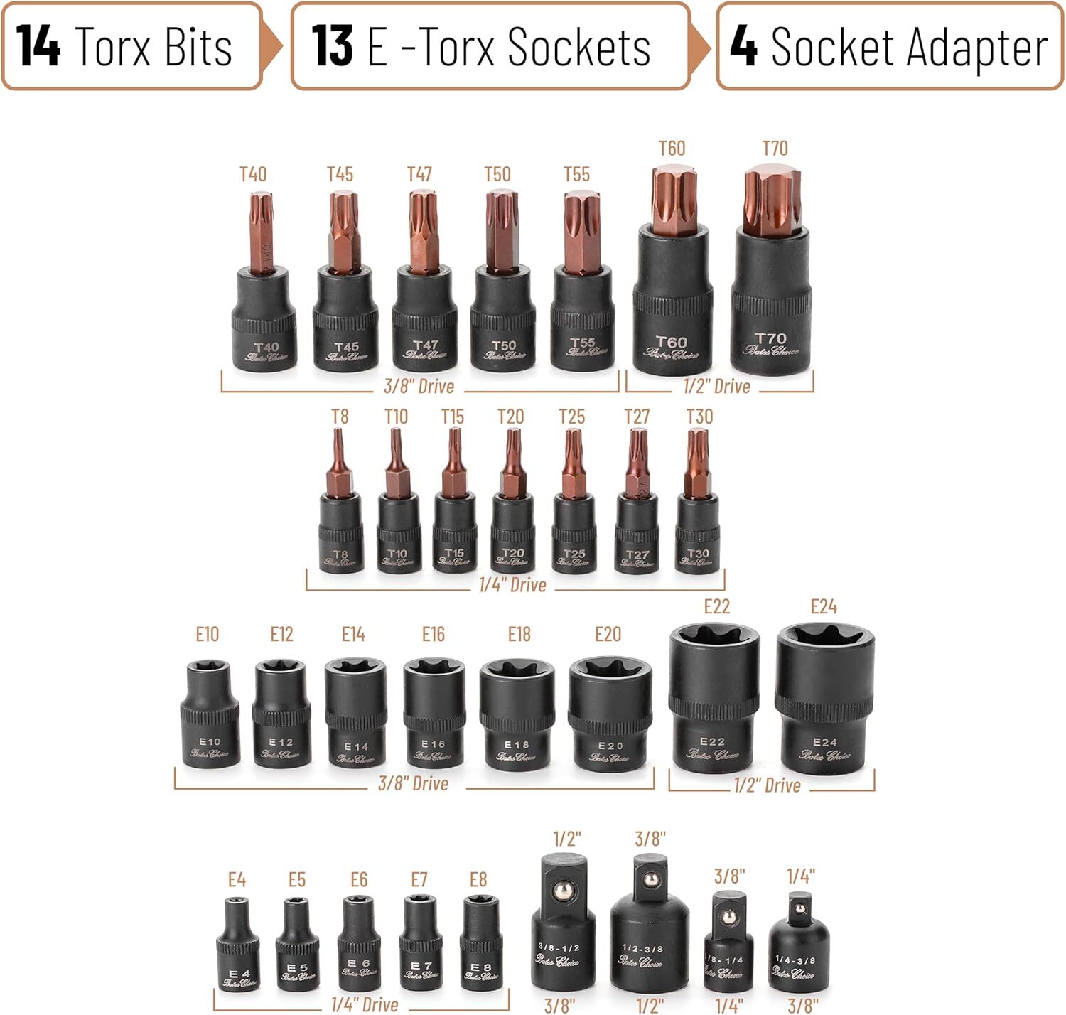 31 Pcs Torx Bit Socket Set & External Socket Set, Star T8-T70, E4-E24 Inverted