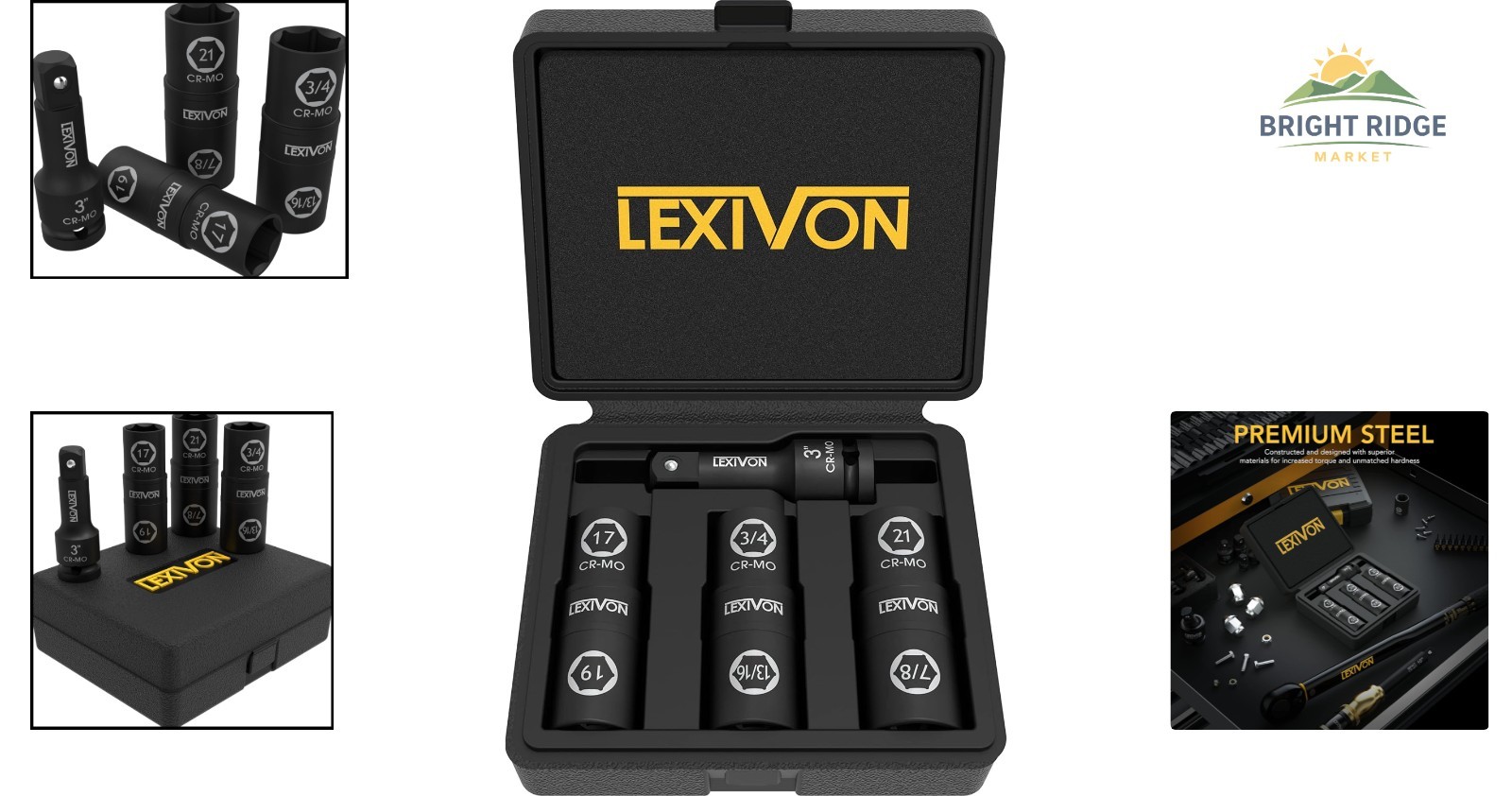 6-Piece Impact Socket Set with Extension Bar for Automotive and Construction Use