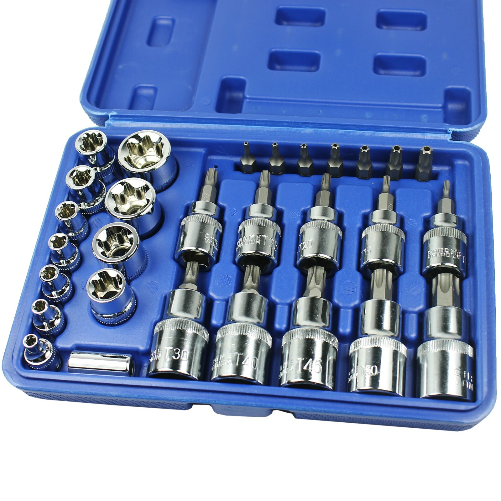 New 29PCS Torx Socket Bit Set 1/4″ 3/8″ 1/2″ Chrome Vanadium Bright Chrome