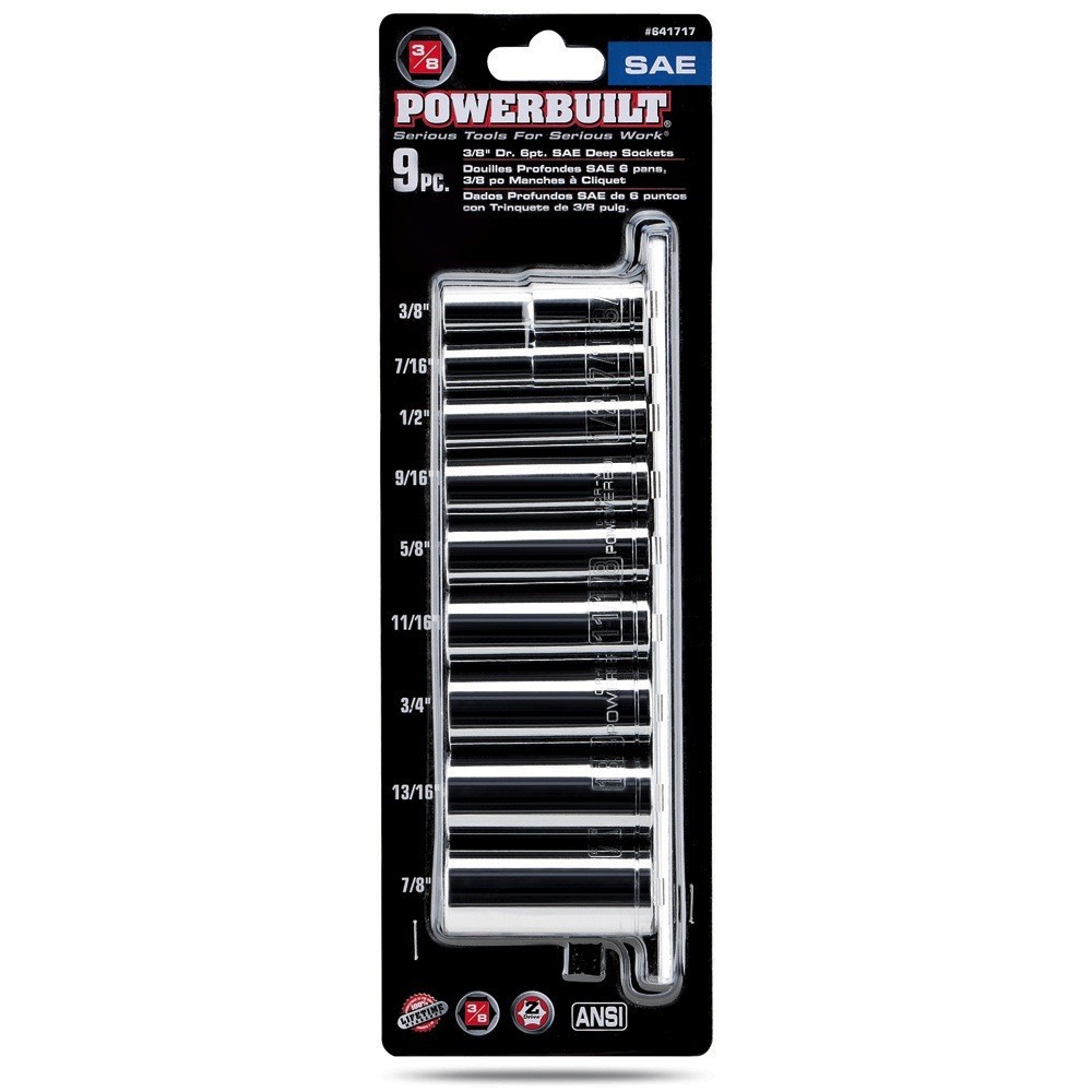 Powerbuilt 9 Piece 3/8 Inch Drive SAE 6 Point Deep Socket Set – 641717
