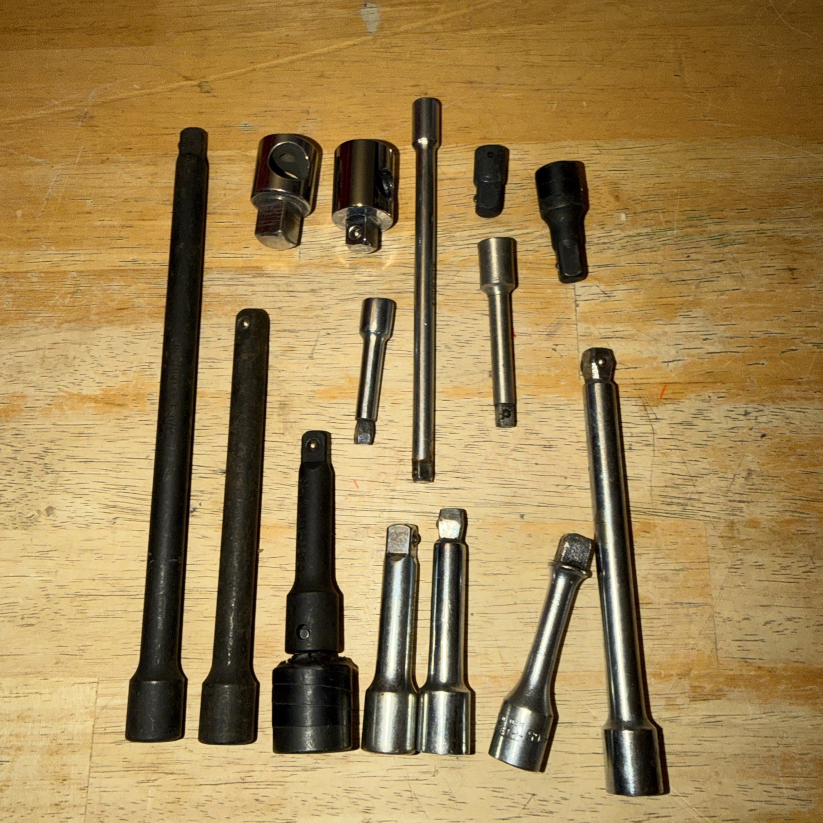 14 Pieces: Extensions, Adapters, T Bar Without T Bar…. Used, Mostly 3/8”, 1/4”
