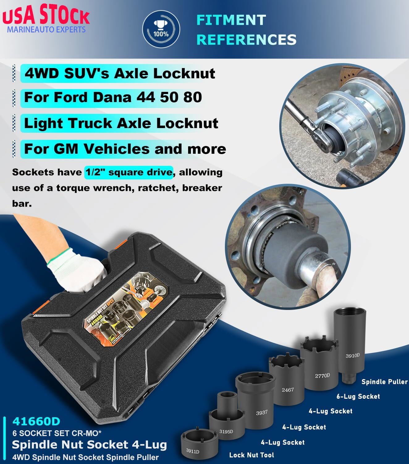 6pcs 41660D Spindle Nut Set 4WD Socket Puller Tool for Ford Dana 44 50 60 Trucks