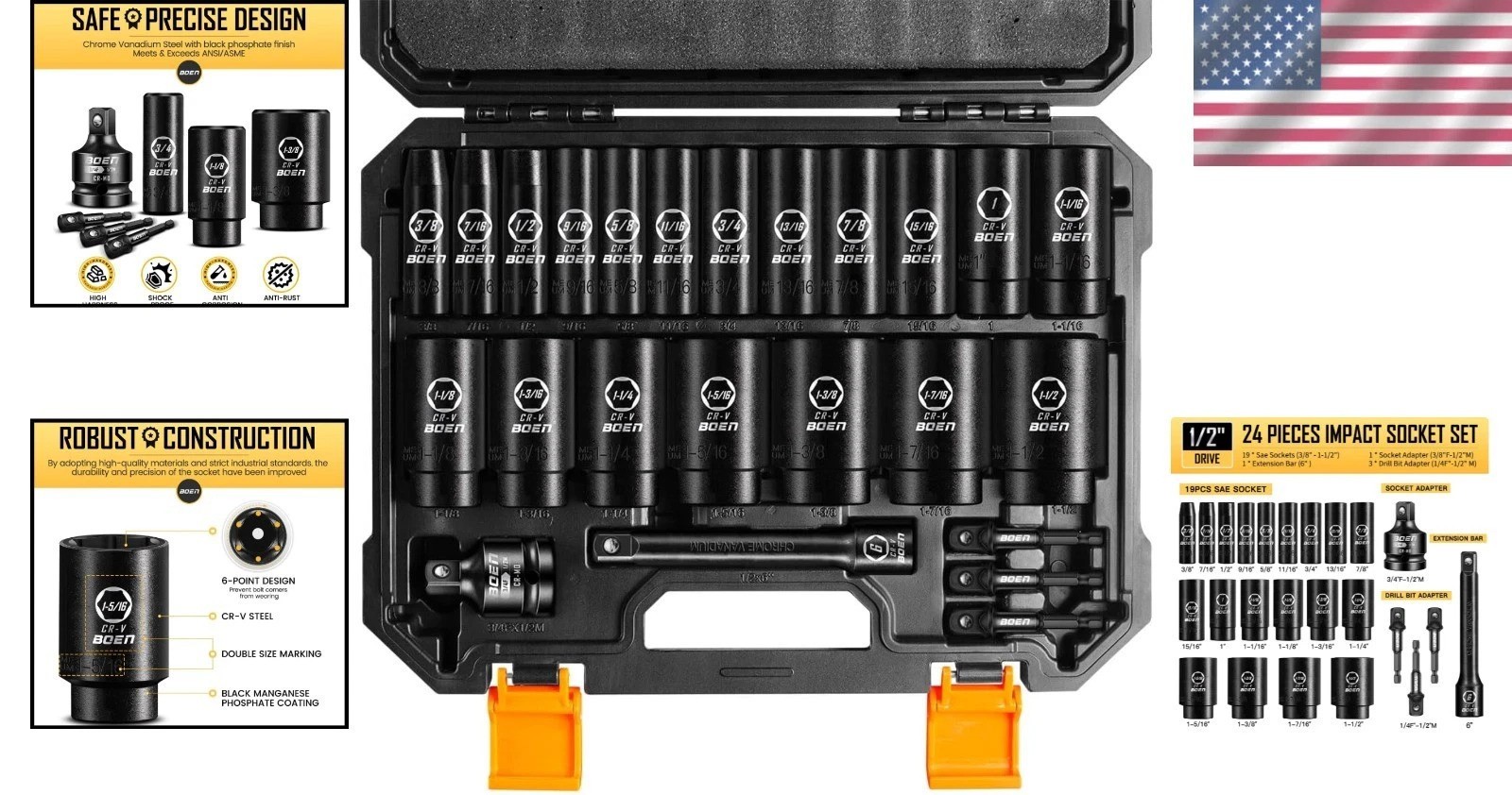Durable 24PC 1/2″ Drive Impact Socket Set with Rust-Resistance & Instructions