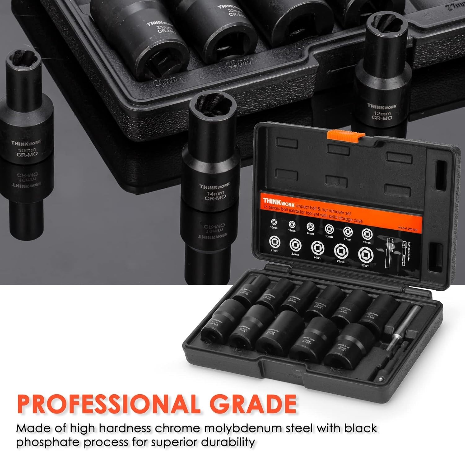 1/2 Inch Drive Lug Nut Extractor Kit for Stubborn Bolts – 13 Pieces