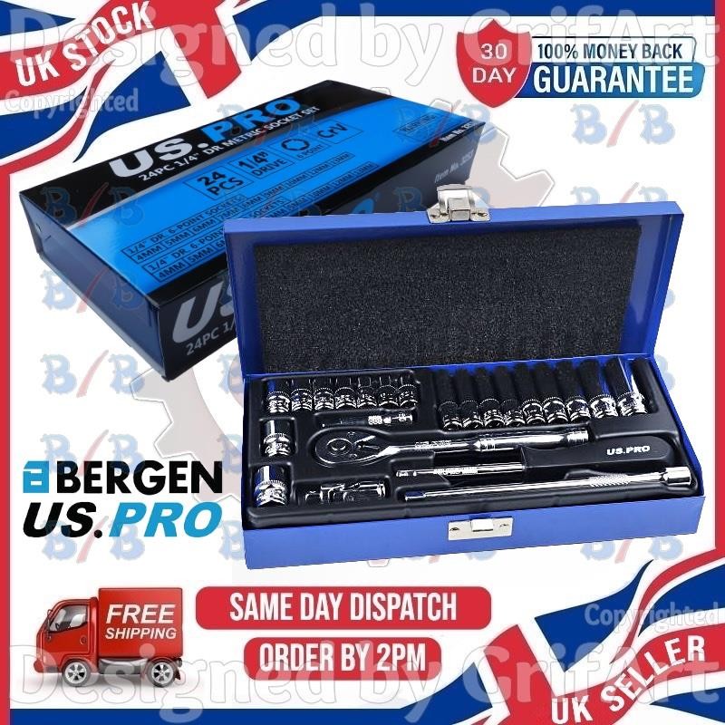 US PRO 24PC METRIC SOCKET BIT SET 1/4″ DRIVE RATCHET WRENCH EXTENSION BAR KIT