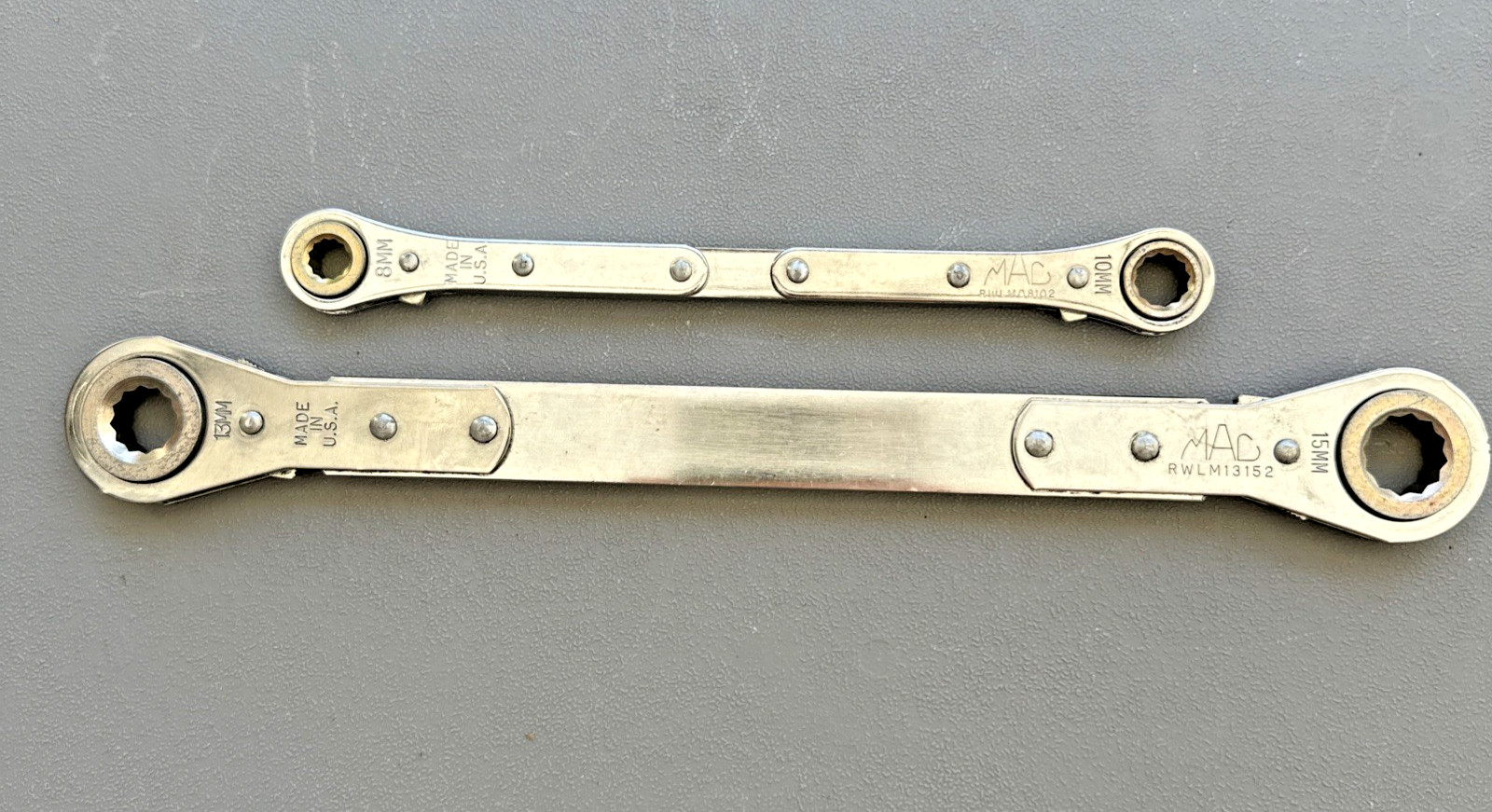 Mac Tools Ratcheting Box Wrench Lot RWLM13152 13 15mm & RWL08102 8 10mm Metric
