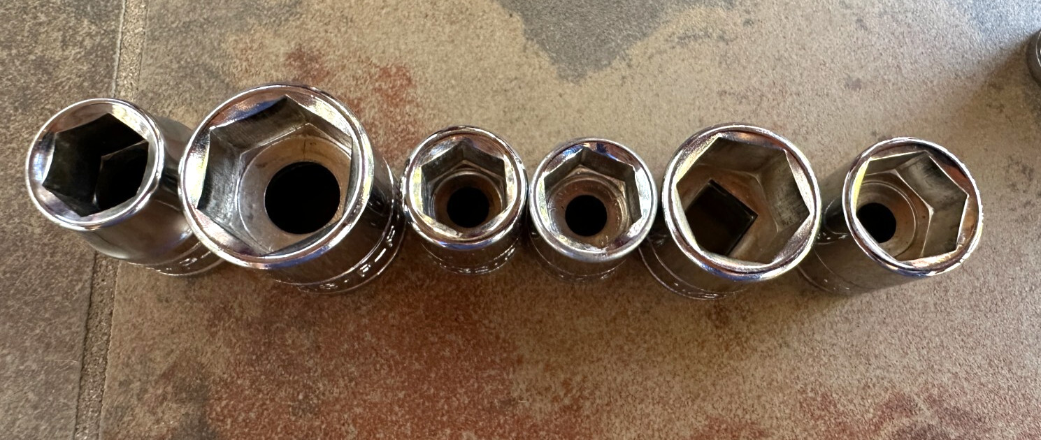 13 – P-F Deep and Normal Sockets 3/8 and 1/4 drive. Mostly New see sizes below