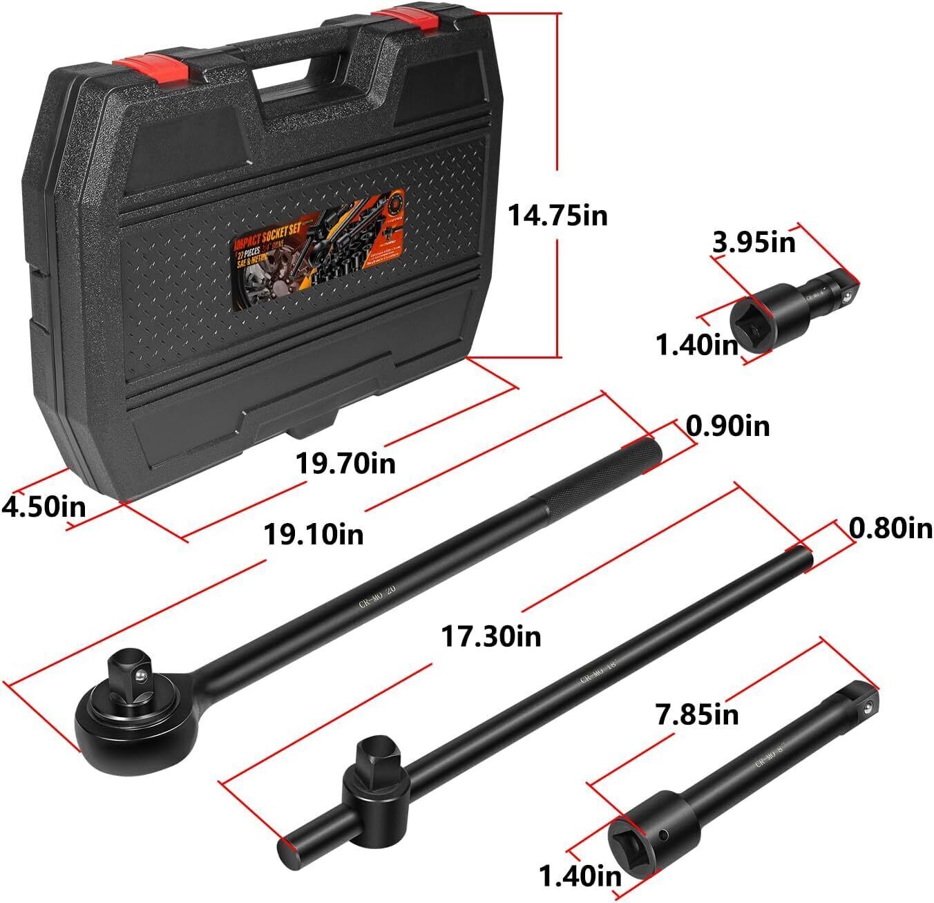 3/4″ Drive Jumbo Impact Socket Set 27PCS, SAE (7/8″-2″) and Metric (22mm-50mm)