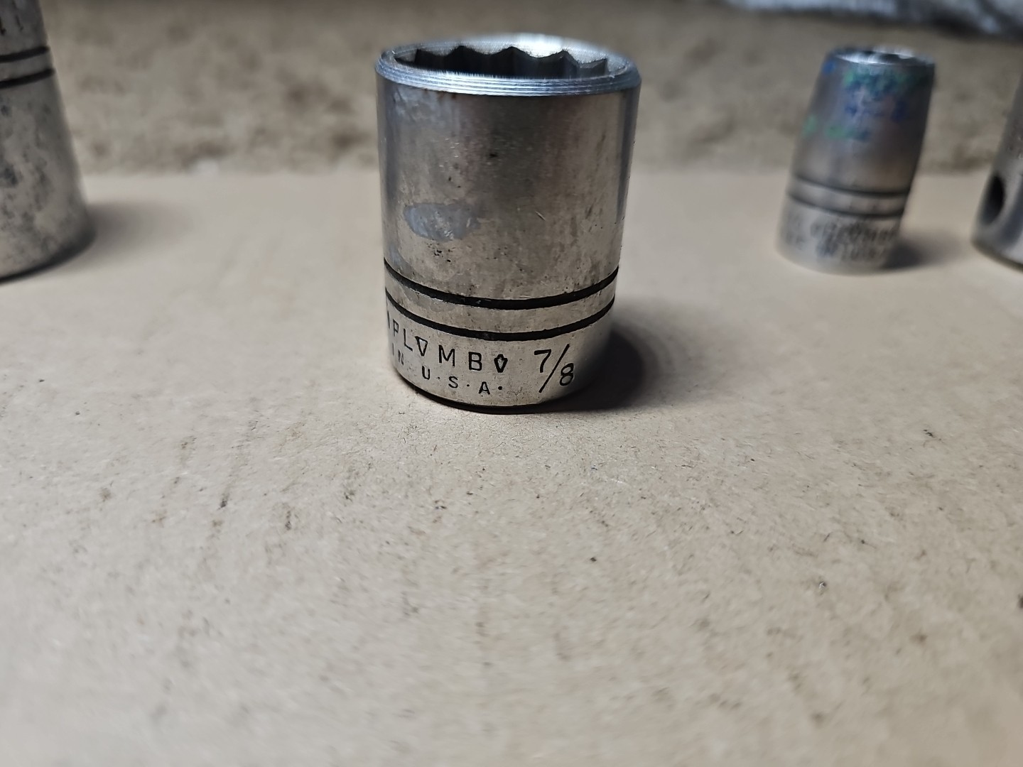 Lot of 7 Vintage Plvmb Plomb Sockets 7/8, 1-1/16, 1-1/8, 1/2