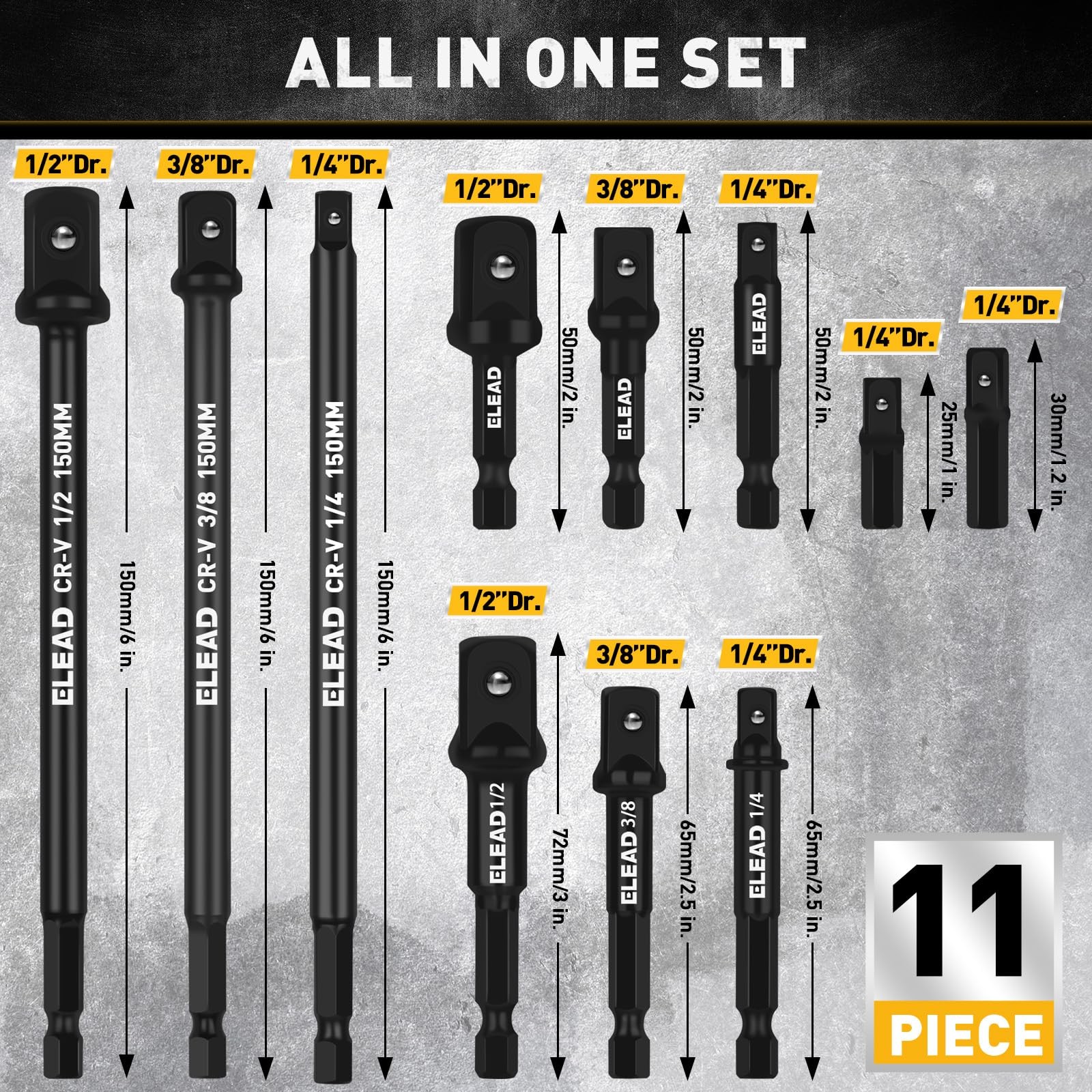 11-Piece Impact Socket Adapter Set, 1/4-Inch Hex Shank, 1/4″ 3/8″ 1/2″ Black