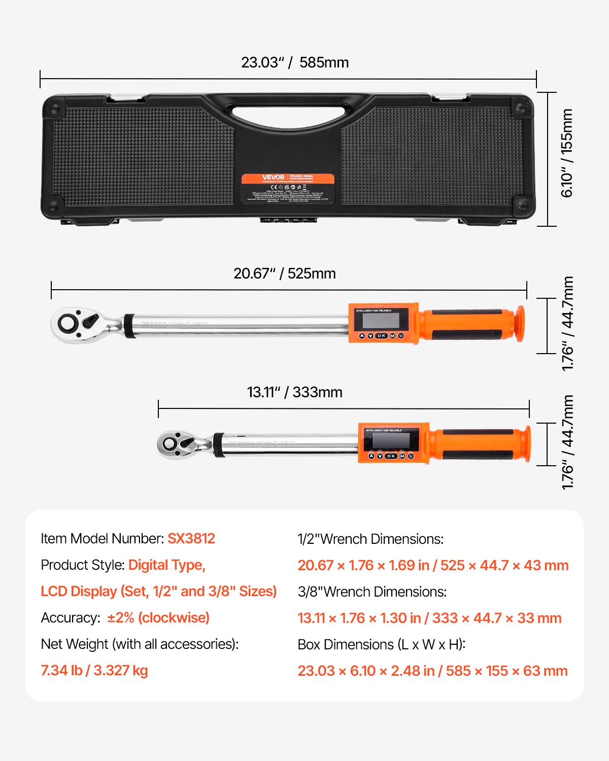 VEVOR Digital Torque Wrench Set 2Pieces 1/2 3/8In Drive 72-Tooth Electronic LED