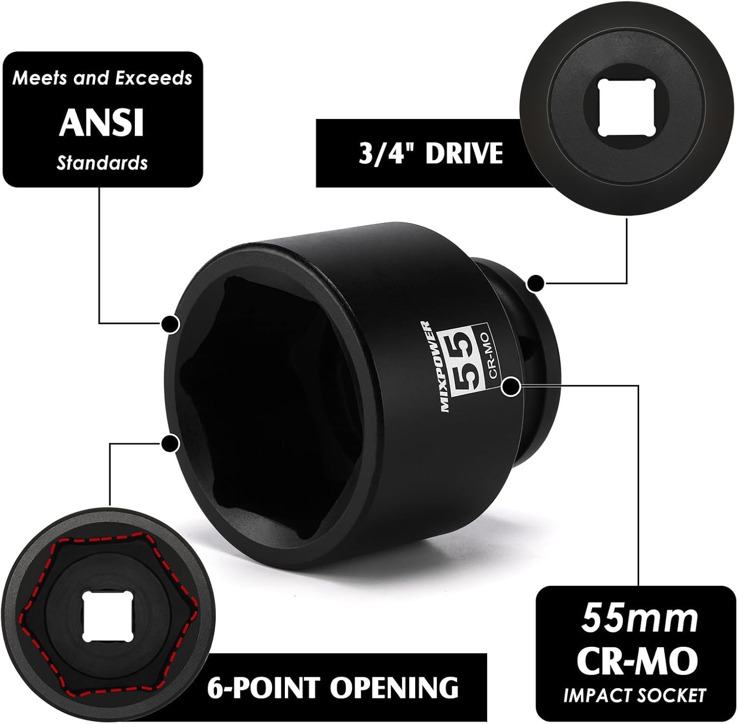 3/4 Inch Drive Shallow Impact Socket 55mm CR-MO Metric 6 Point Axle Nut Impact