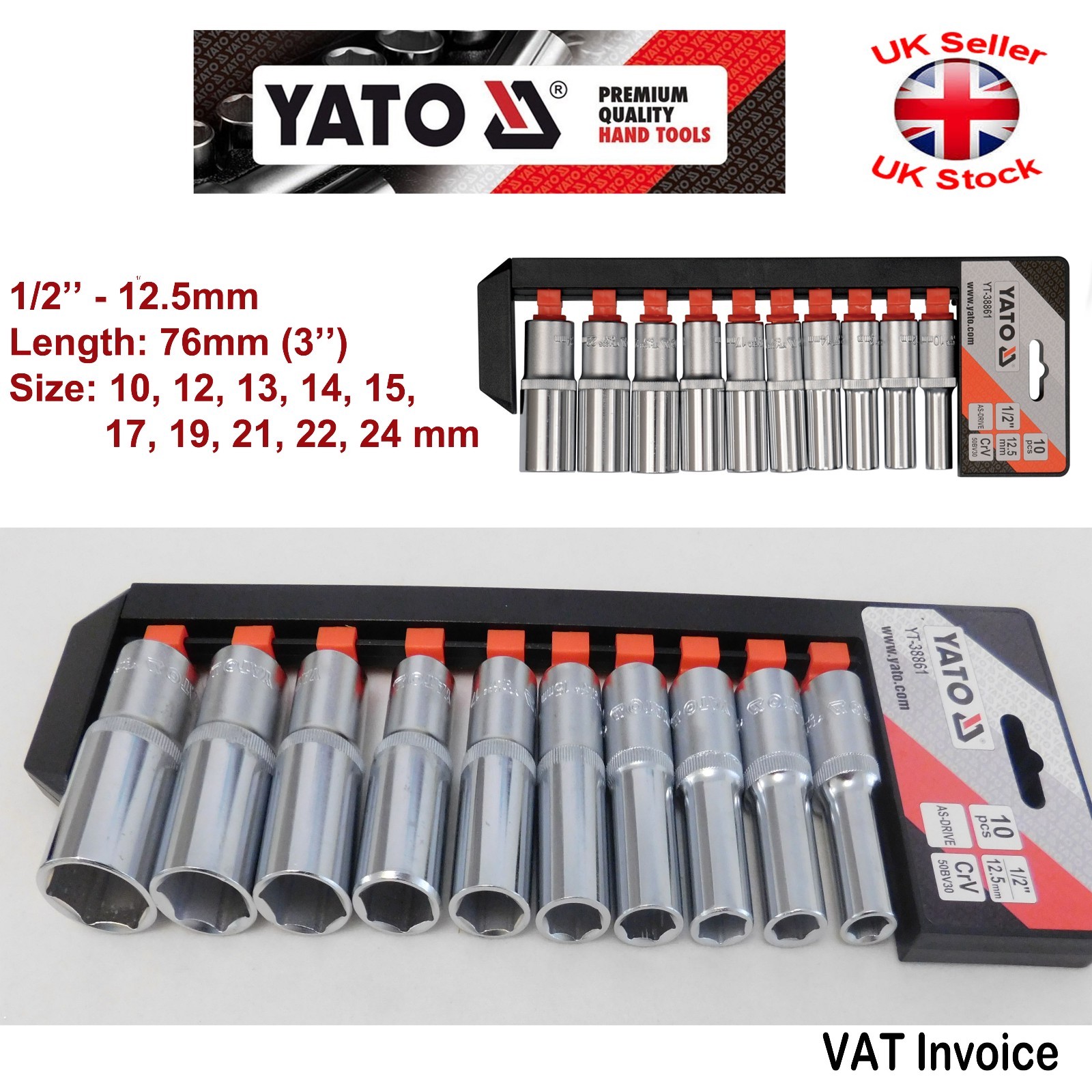 Yato Professional 1/2″ 76mm Long DEEP SOCKET SET 10 Pcs 10-24mm YT-38861
