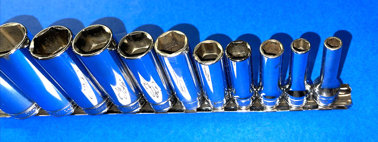 SNAP-ON TOOLS 11 PIECE 3/8 DRIVE SAE. DEEP CHROME 6 POINT SOCKET SET 211SFSY