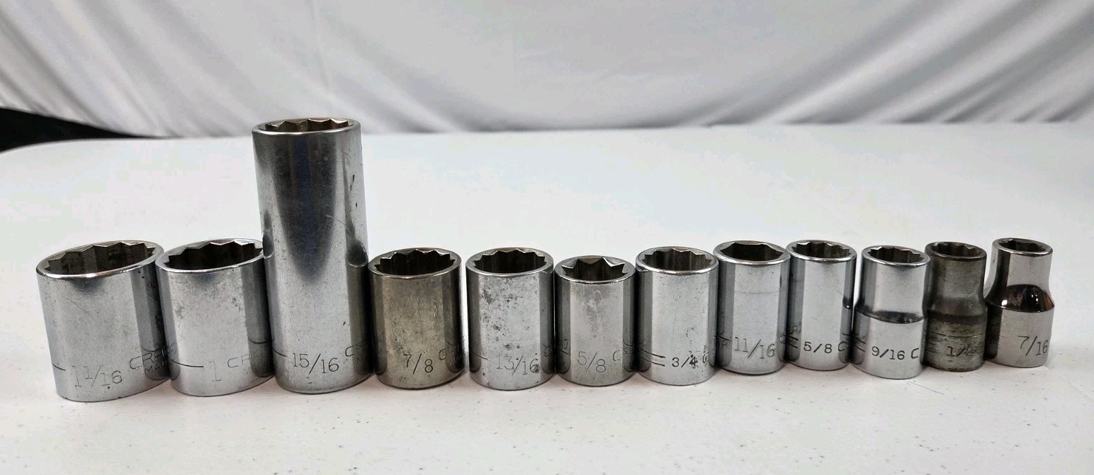 Craftsman Socket Set (12) Pc SAE Lot, 1/2″ Drive 6 Pt, 8 Pt, 12 Pt Assorted-READ