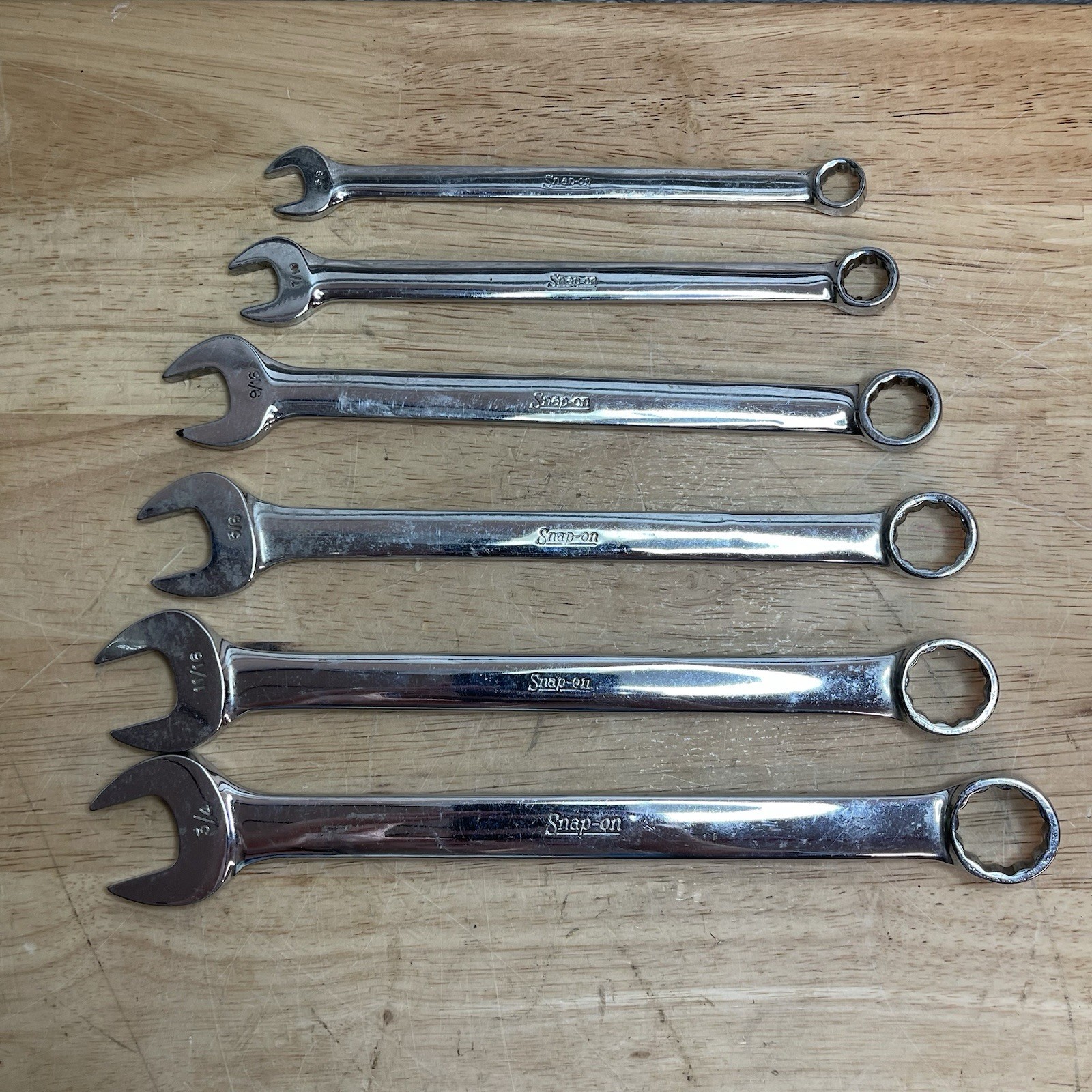 SNAP-ON 6 PC 12 PT COMBINATION WRENCHES (3/8″ OEX12- 3/4″ OEX24) USED.