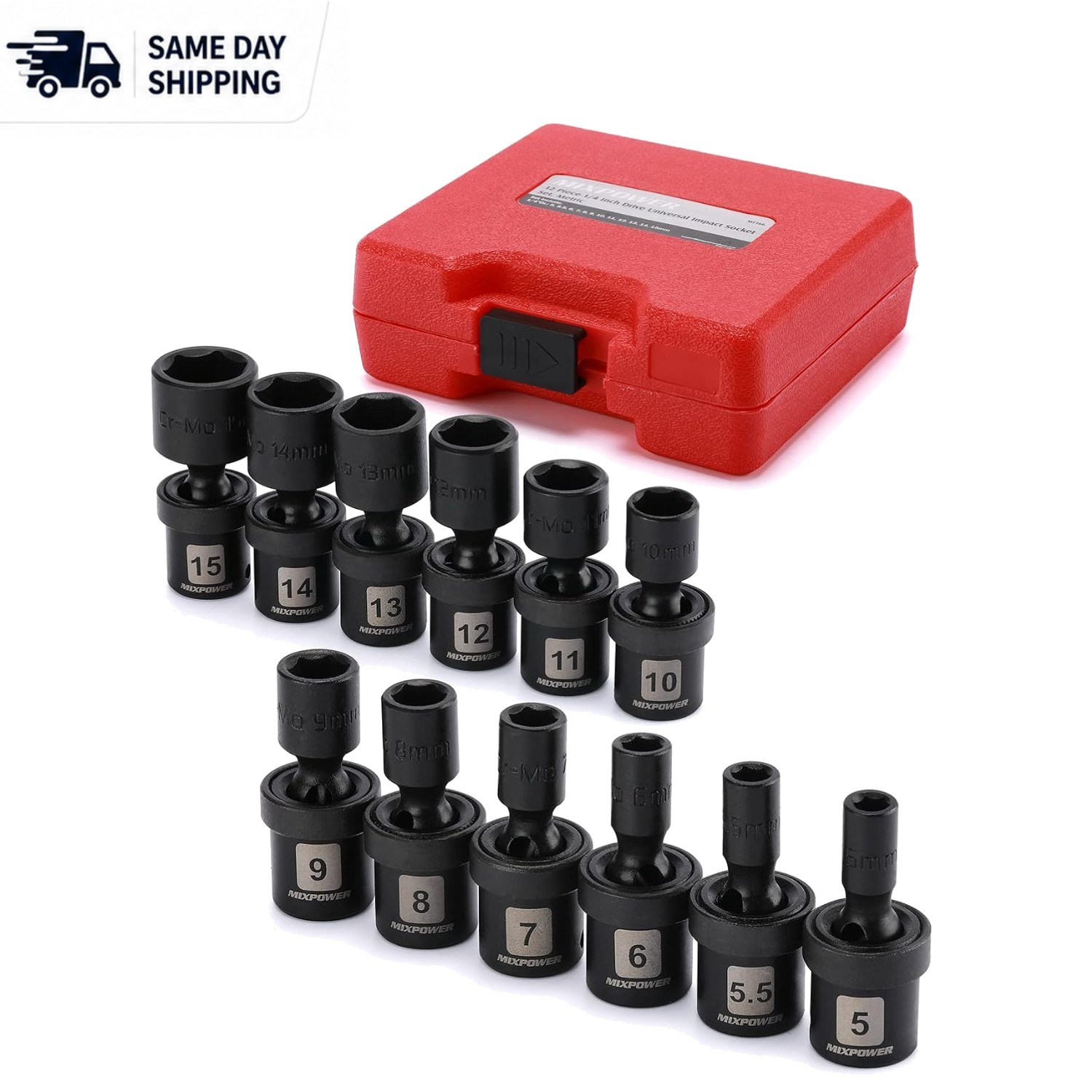 High-Performance 12-Piece 1/4″ Drive Impact Socket Set – CR-MO & Swivel Feature