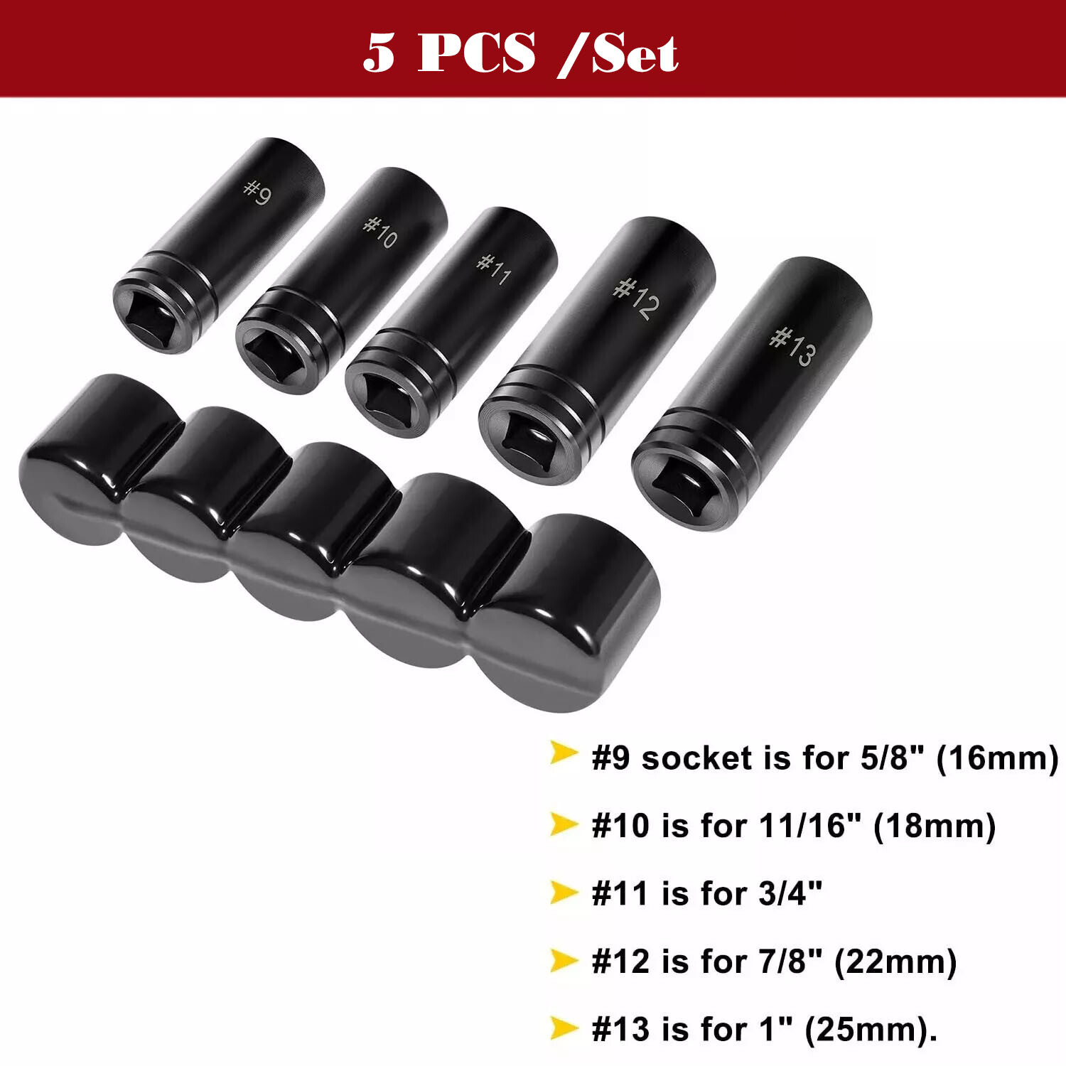Large Tap Socket Set 71670 5/8″ 11/16″ 3/4″ 7/8″ and 1″ Taps 1/2″ Square Drive