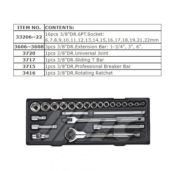 JTC 3/8″ DR. 23 PCS SOCKET SET 6~22 MM, JTC TOOLS # K3233