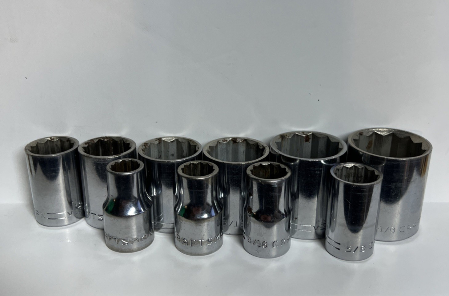 Craftsman Lot Of 10 Shallow Sockets 1/2” Drive 12pt, 7/16″ to 1-1/8″ =V= USA