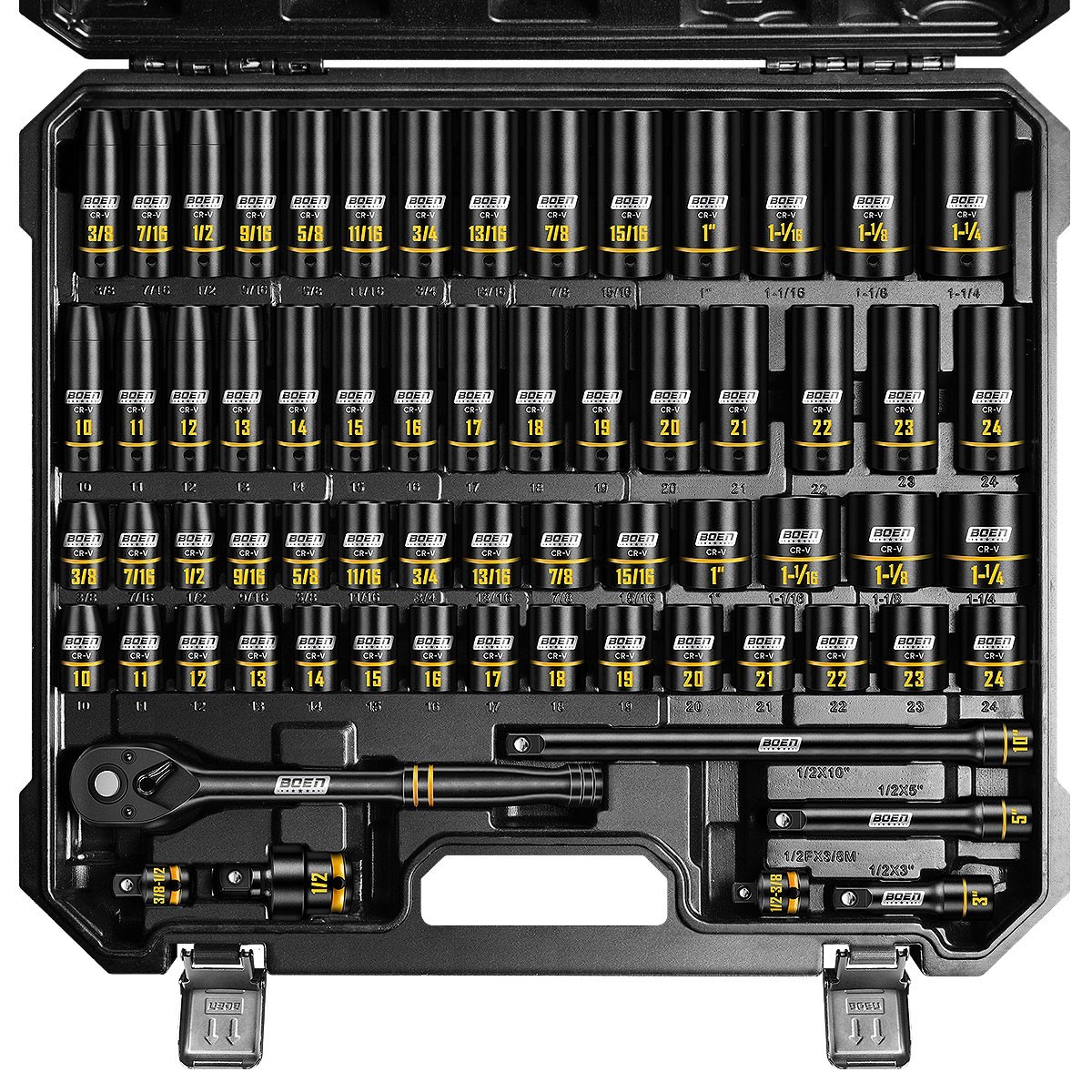 1/2″ Drive Impact Socket Set, 65-Pcs SAE (3/8″ to 1-1/4″) & Metric (10mm-24mm)