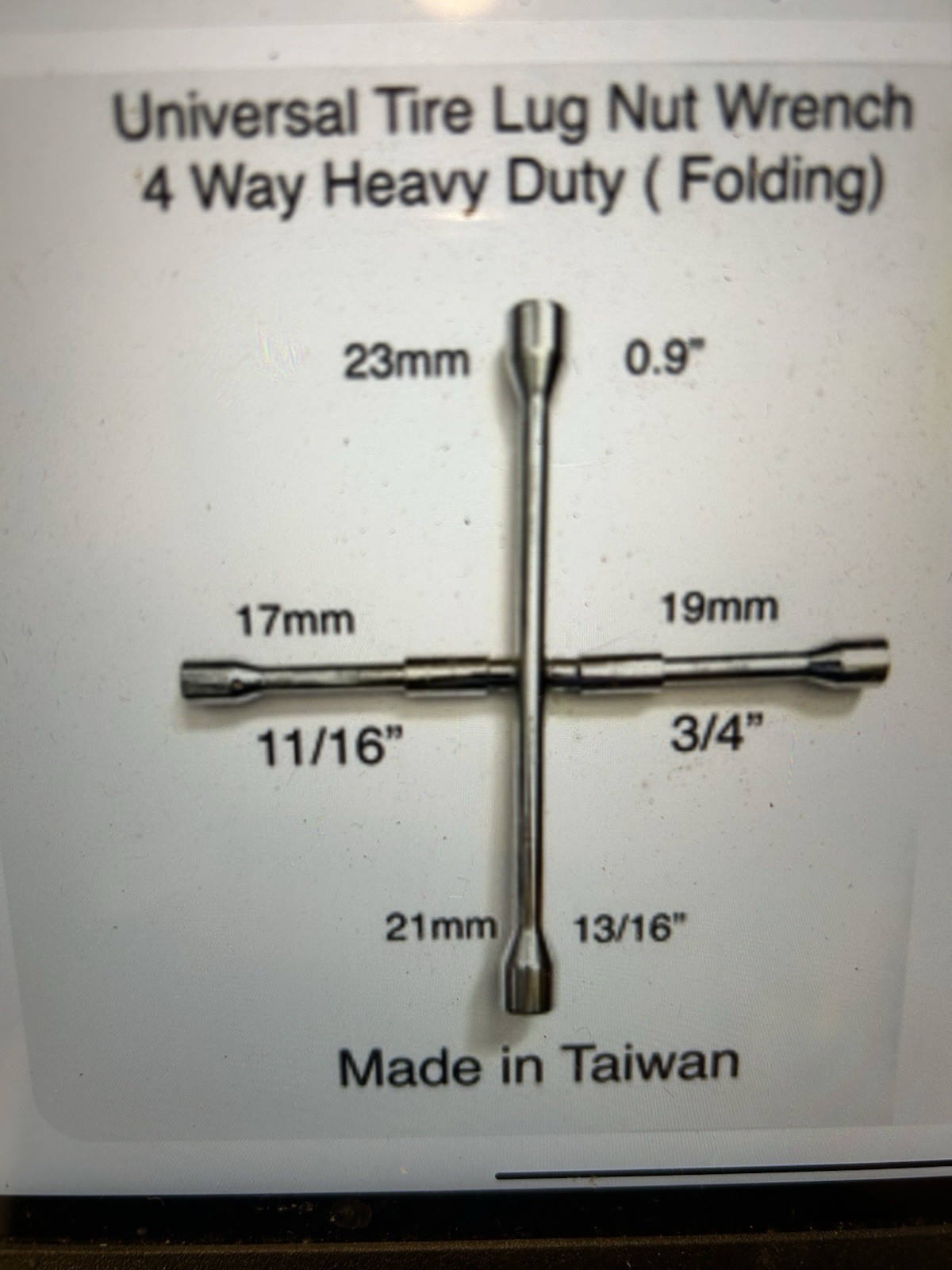 Universal Tire Lug Nut Wrench 4 Way Heavy Duty Folding 13/16 1/16 3/4 .9″ Taiwan