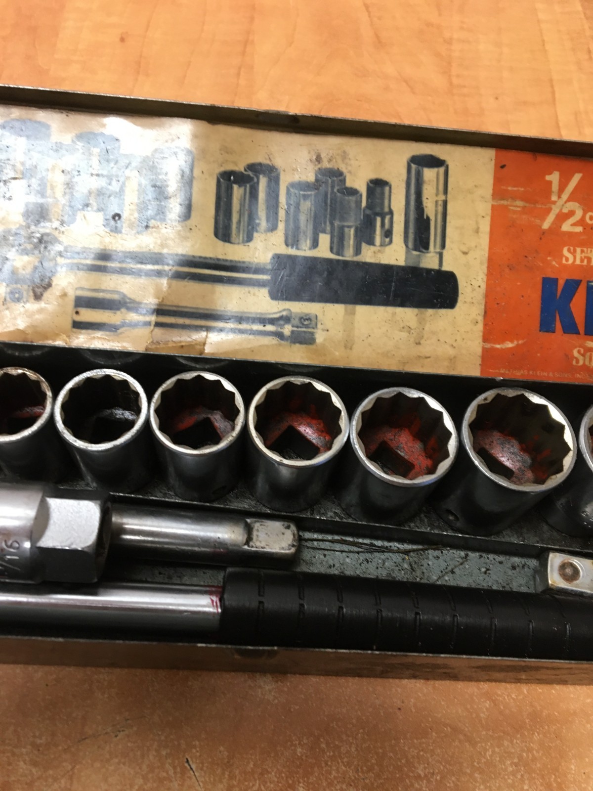 Vintage Klein 65201 1/2” Drive 16 Pc Socket Set 7/16” Thru 1-1/8” USA READ
