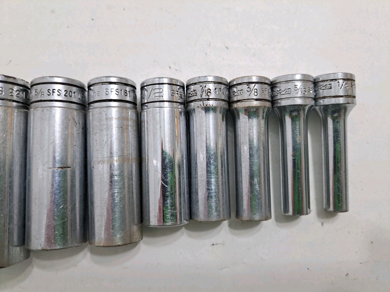 Snap On Set of 10 3/8 Drive 6pt SAE Sockets 7/8 3/4 11/16 5/8 9/16 1/2 7/16 SFS