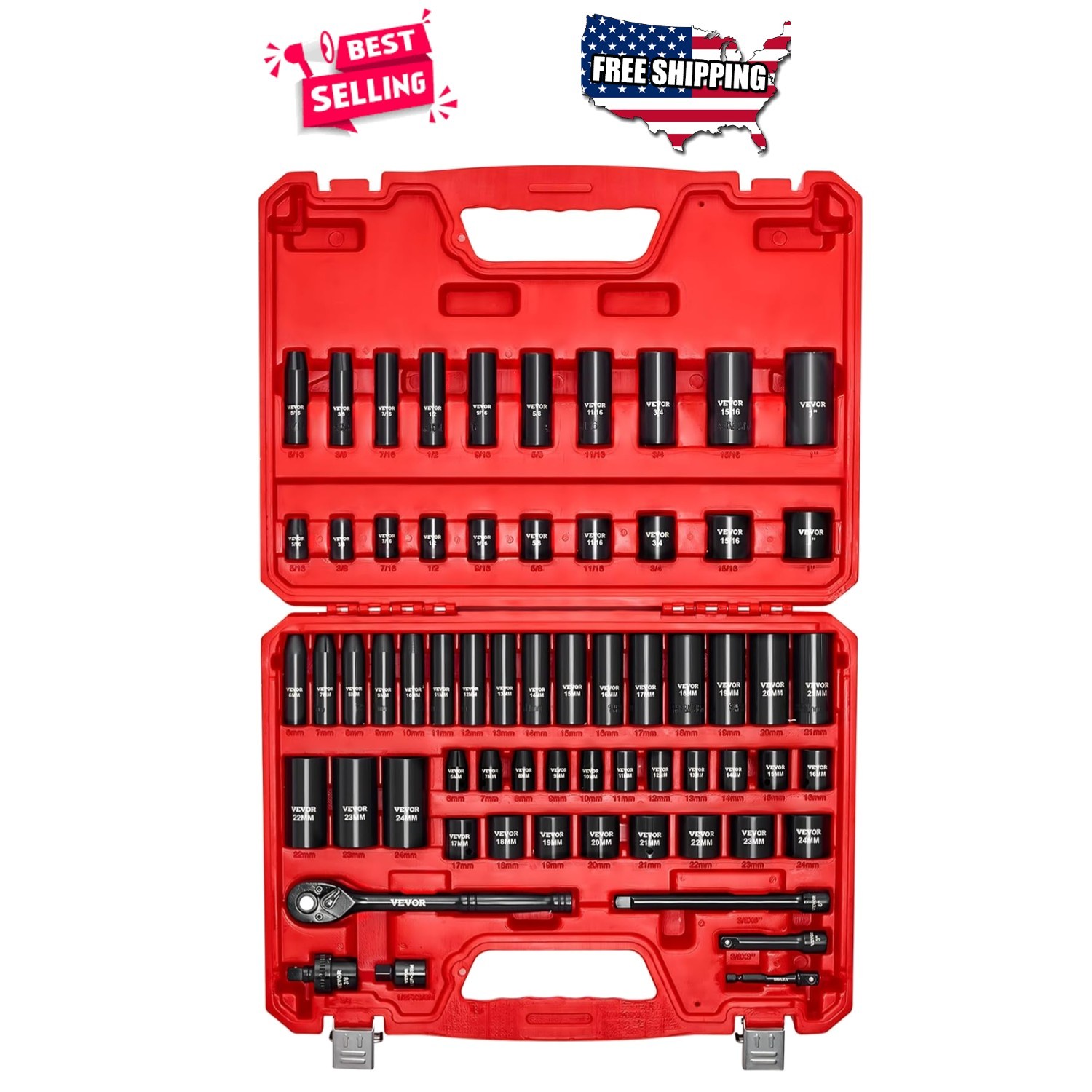 Impact Socket Set 3/8 Drive 64pc SAE Metric 6pt Deep Shallow Ratchet Extensions