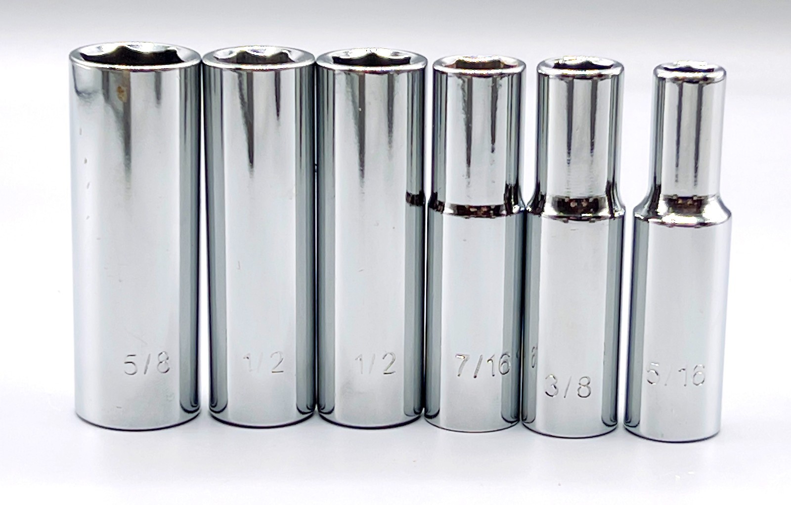 6-Piece 6-Point, 3/8-inch Drive, SAE Deep Sockets 5/8, 3/8, 2 x 1/2, 7/16, 5/16