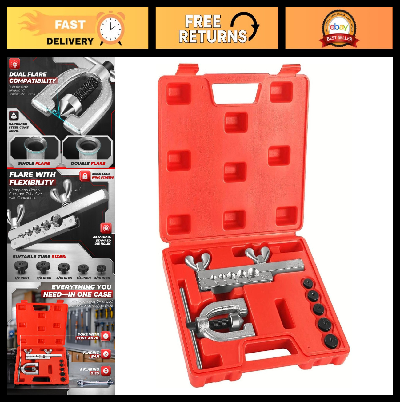 Double Flare Brake Line Flaring Tool Kit with Adapters for Copper Steel Aluminum