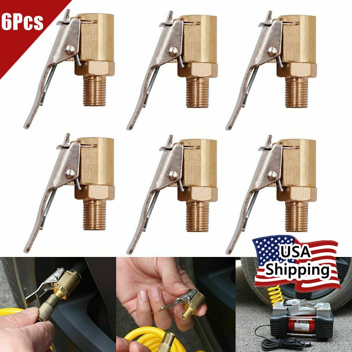 6 Pcs 8mm Car Tyre Wheel Tire Air Chuck Inflator Pump Valve Clip Connector Brass